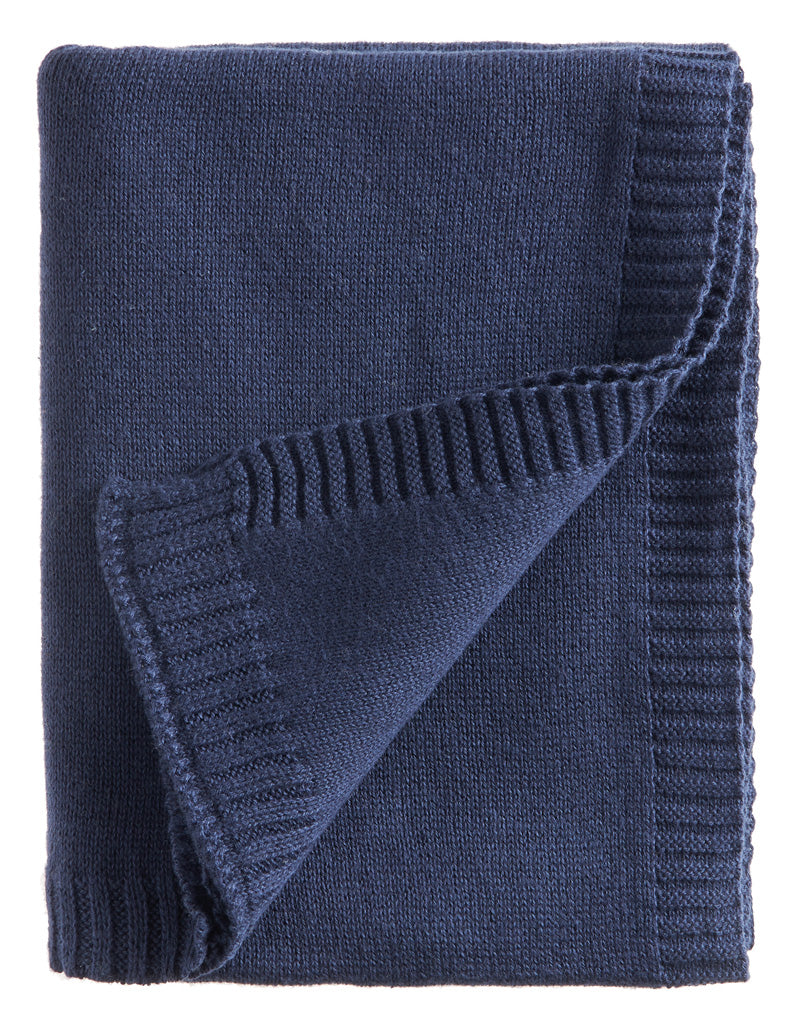 Babydecke Emma aus Baumwolle und Kaschmir, glatt gestrickt mit Rippenbündchen, Farbe Tintenblau