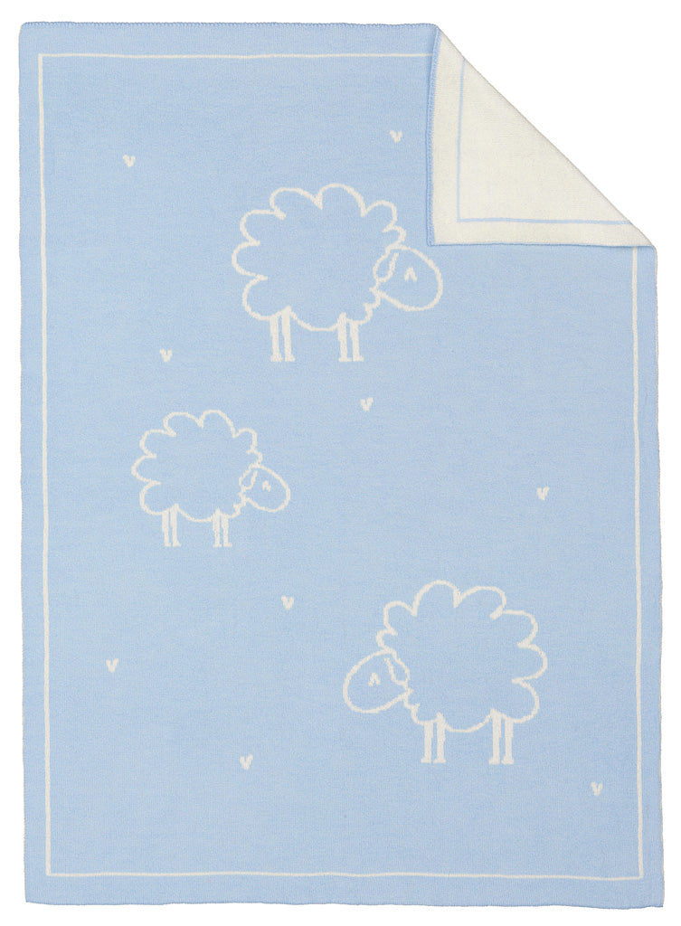 Babydecke Lilly von Eagle Products aus 100 % Merino Schurwolle in der Farbe Hellblau mit weißen Schafen