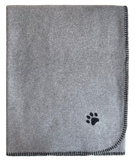 Graue Hundedecke Benno von Eagle Products aus weichem Fleece mit schwarzem Kettelstich und aufgeflockter Pfote, Farbe Flanell