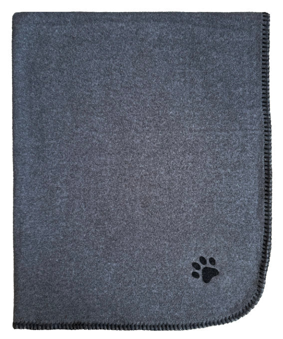 Anthrazitfarbene Hundedecke Benno von Eagle Products aus weichem Fleece mit schwarzem Kettelstich und aufgeflockter Pfote