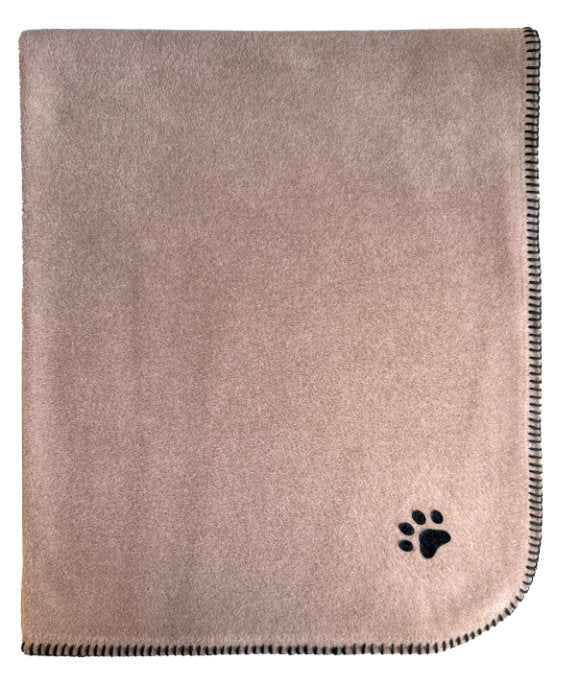 Hundedecke Benno von Eagle Products aus weichem Fleece in der Farbe Nutria, mit schwarzem Kettelstich und aufgeflockter Pfote