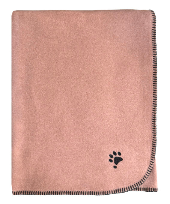 Hundedecke Benno von Eagle Products aus weichem Fleece in der Farbe Rosewood, mit schwarzem Kettelstich und aufgeflockter Pfote