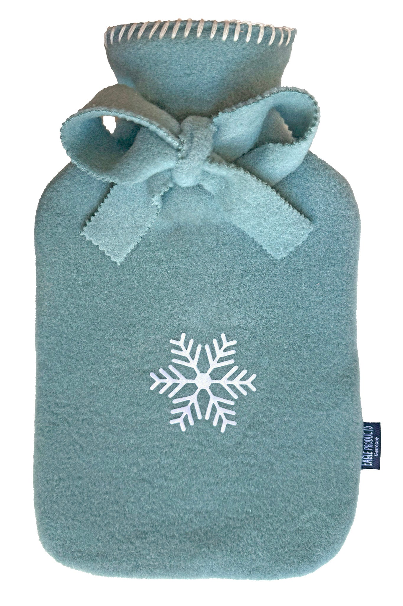 Wärmflasche Olaf von Eagle Products aus kuscheligem Fleece in Salbei mit weißer Schneeflocke und Schleife