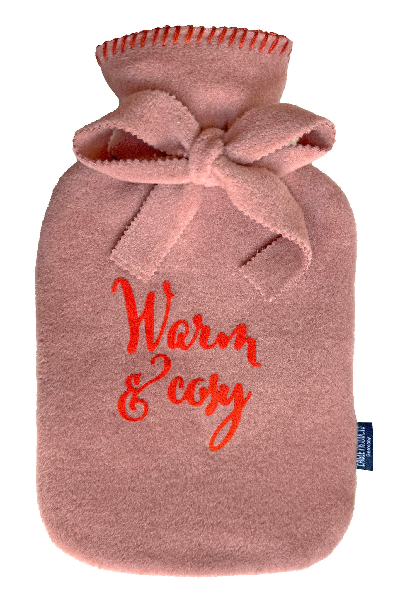 Wärmflasche Olaf von Eagle Products aus kuscheligem Fleece in Rosewood mit orangem Schriftzug und Schleife