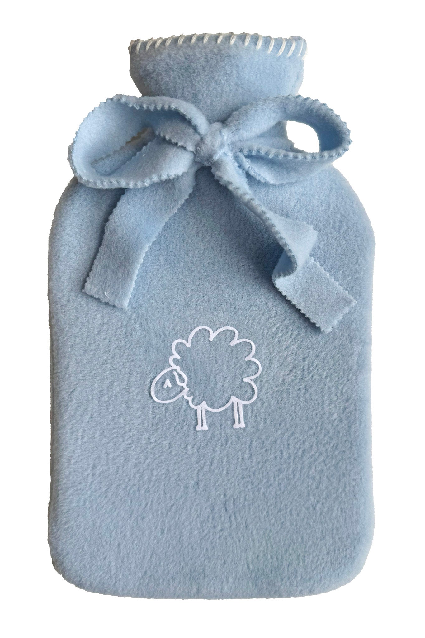 Wärmflasche Elsa von Eagle Products aus kuscheligem Fleece in Hellblau mit Schaf in Weiß und Schleife