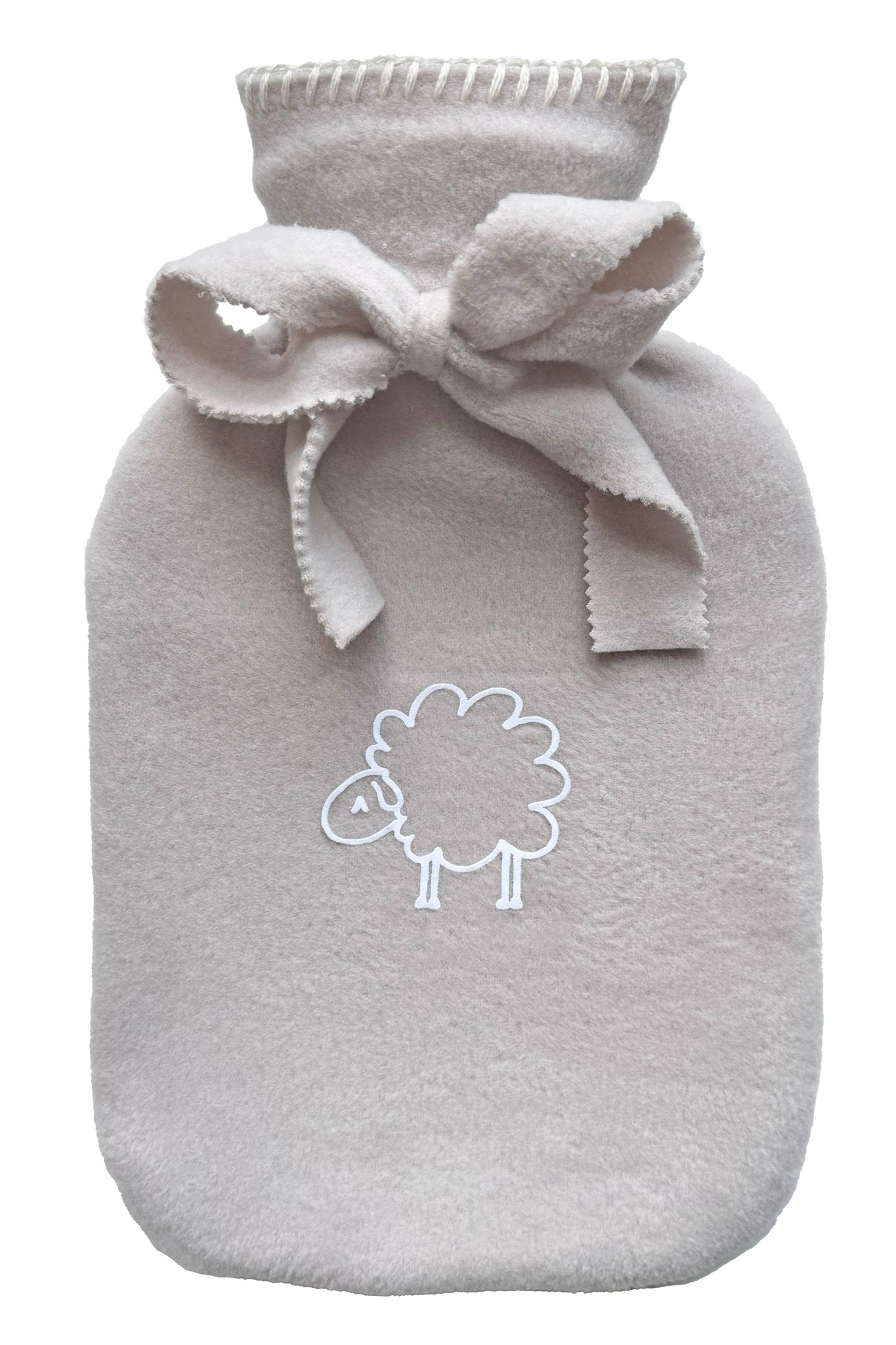 Wärmflasche Elsa von Eagle Products aus kuscheligem Fleece in Greige mit Schaf in Weiß und Schleife