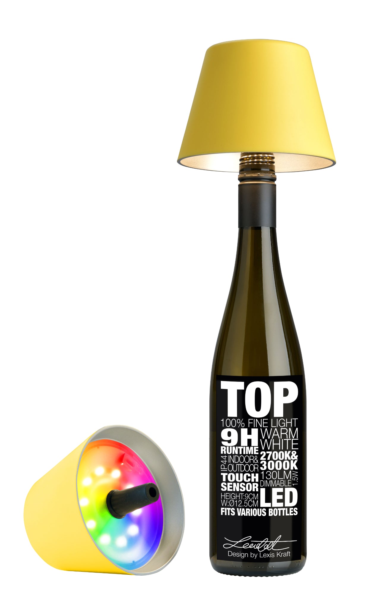 Gelbe Sompex TOP 2.0 Flaschenleuchte mit Akku für weißes und farbiges Licht