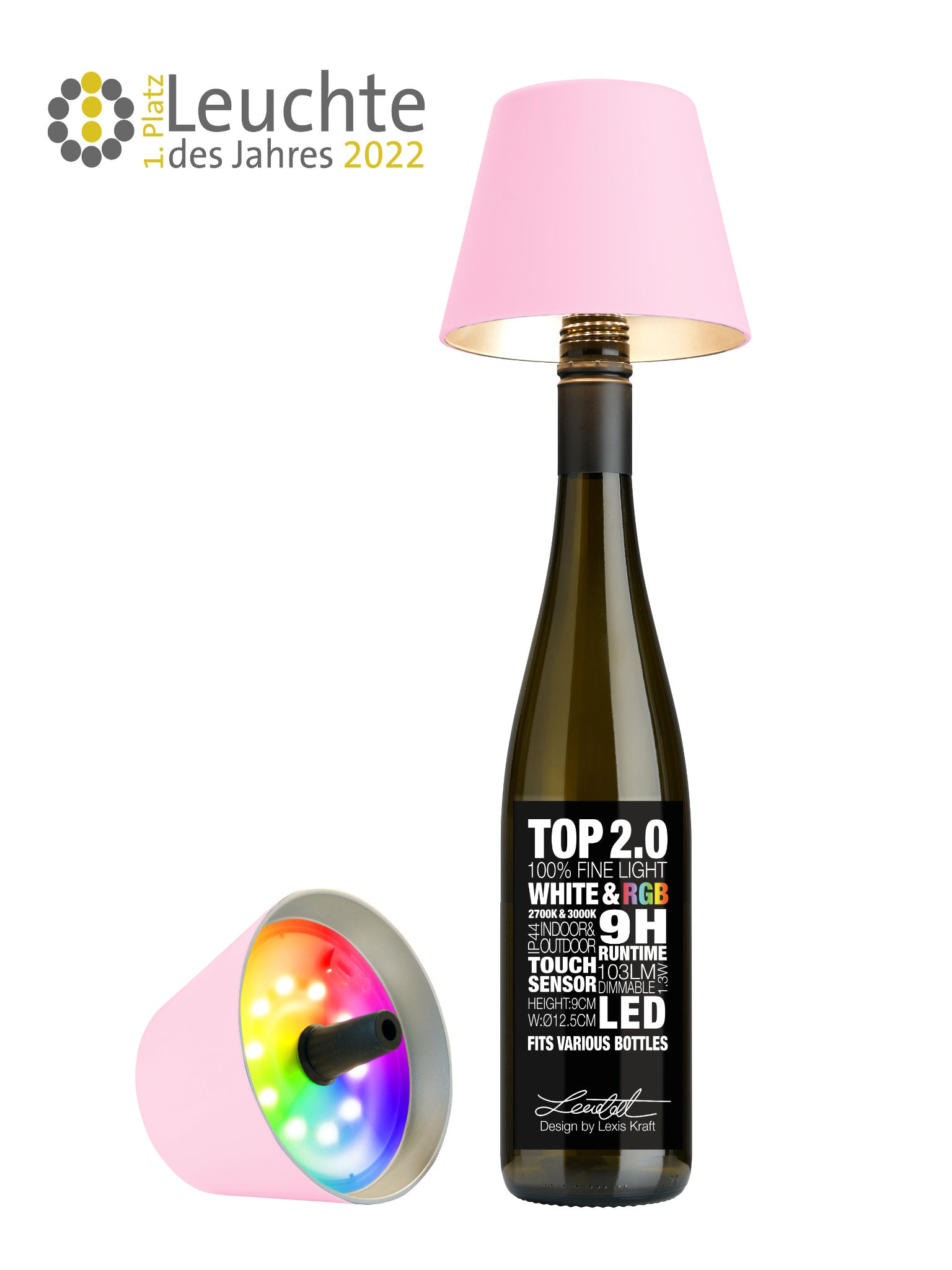 Rosa Sompex TOP 2.0 Flaschenleuchte mit Akku für weißes und farbiges Licht