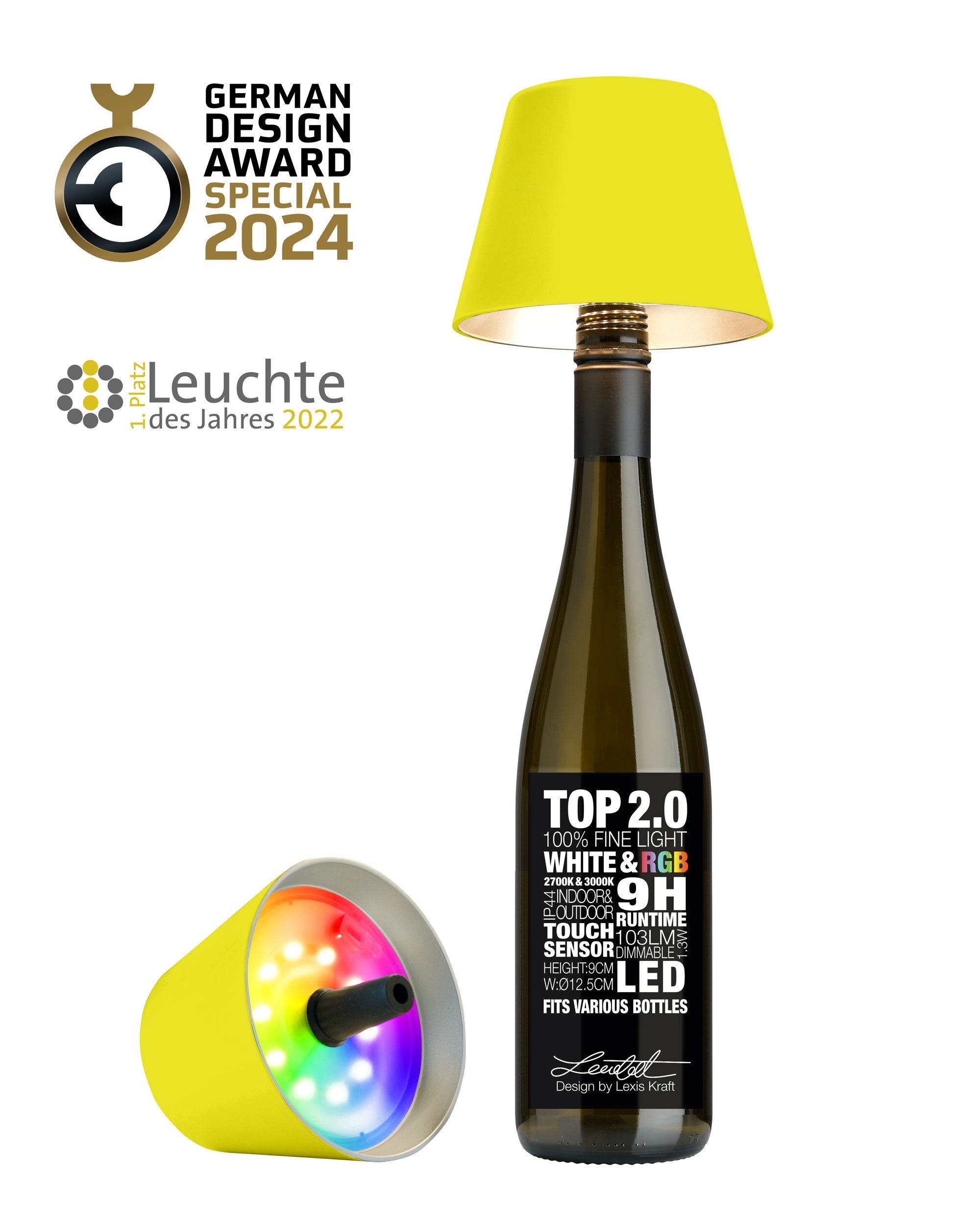 Sompex TOP 2.0 Flaschenleuchte Neongelb mit Akku für weißes und farbiges Licht