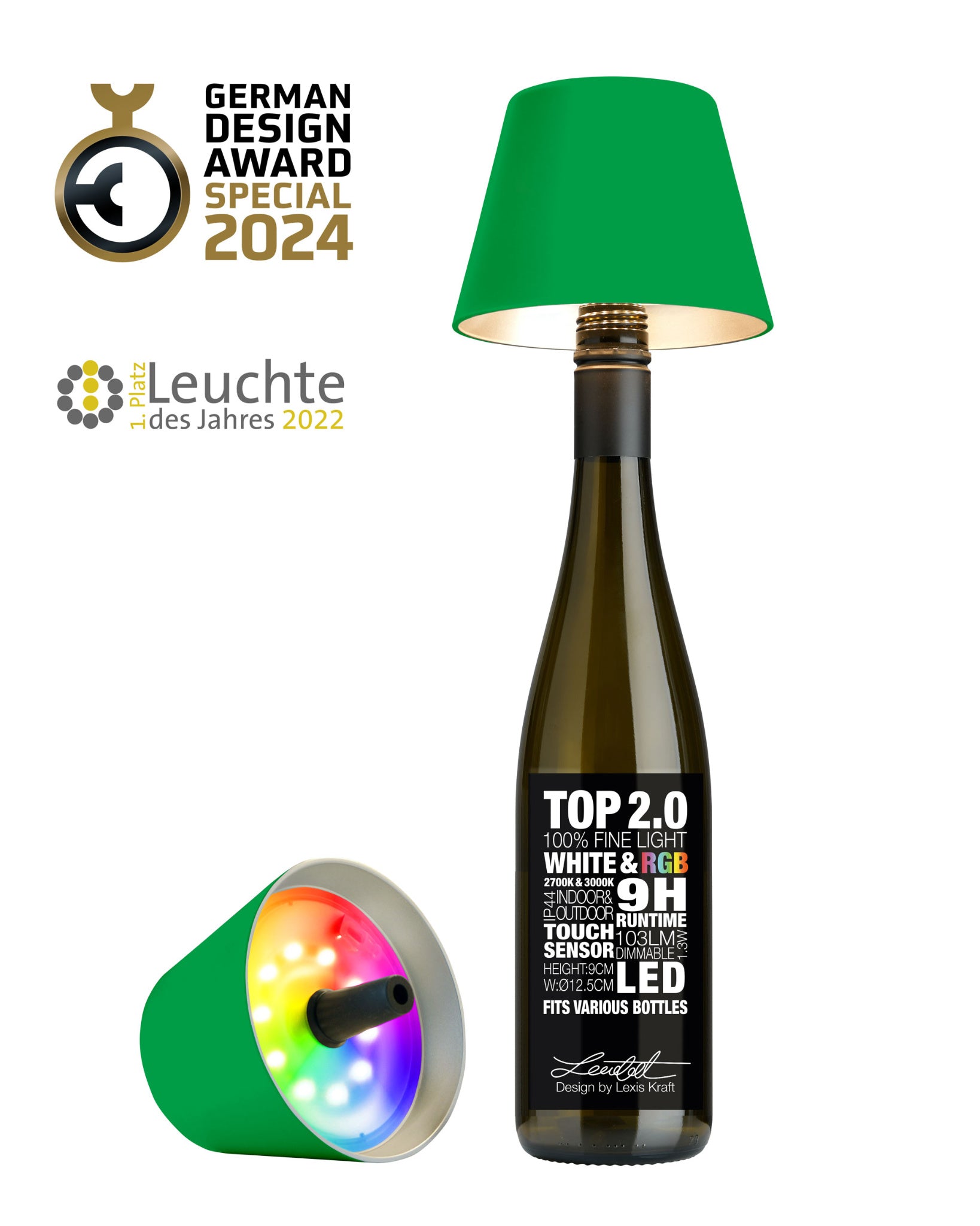 Sompex TOP 2.0 Flaschenleuchte Neongrün mit Akku für weißes und farbiges Licht