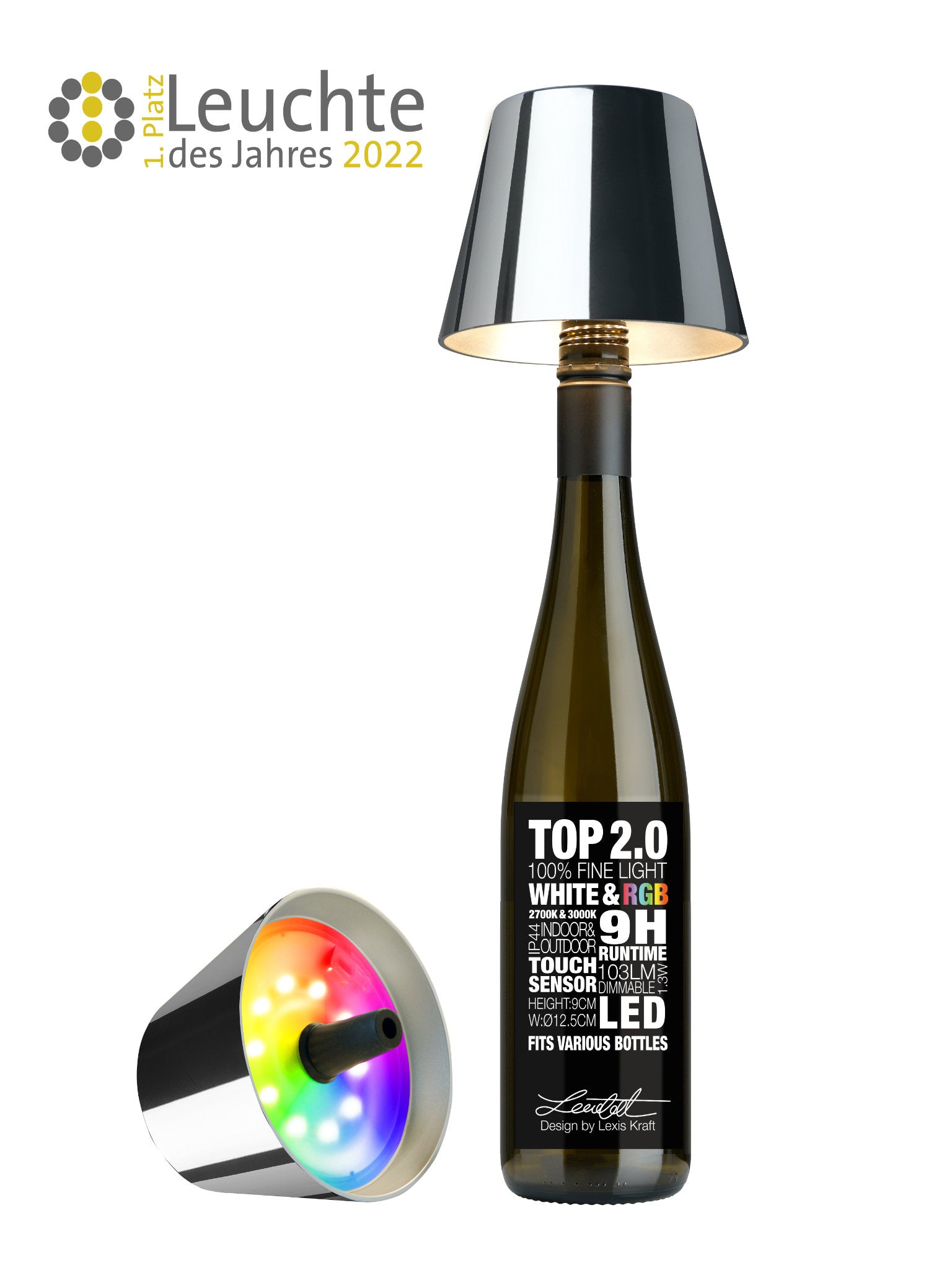 Sompex TOP 2.0 Flaschenleuchte Chrom mit Akku für weißes und farbiges Licht