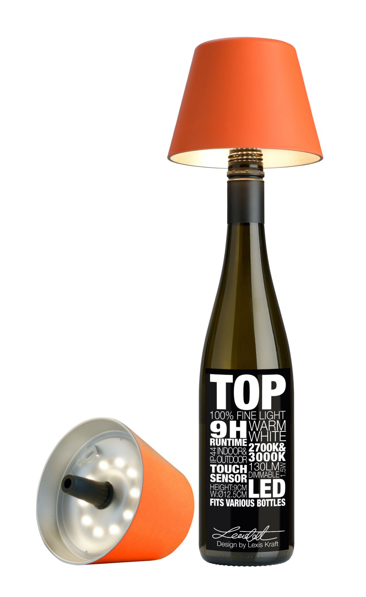 Orangefarbene Sompex TOP 2.0 Flaschenleuchte mit Akku für weißes und farbiges Licht