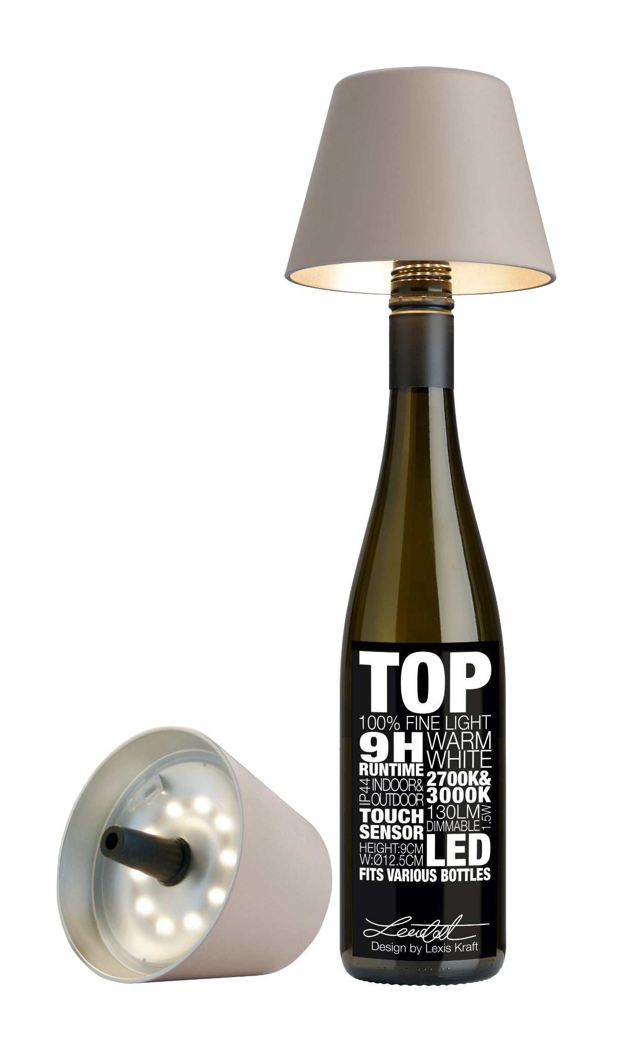 Sandfarbene Sompex TOP 2.0 Flaschenleuchte mit Akku für weißes und farbiges Licht