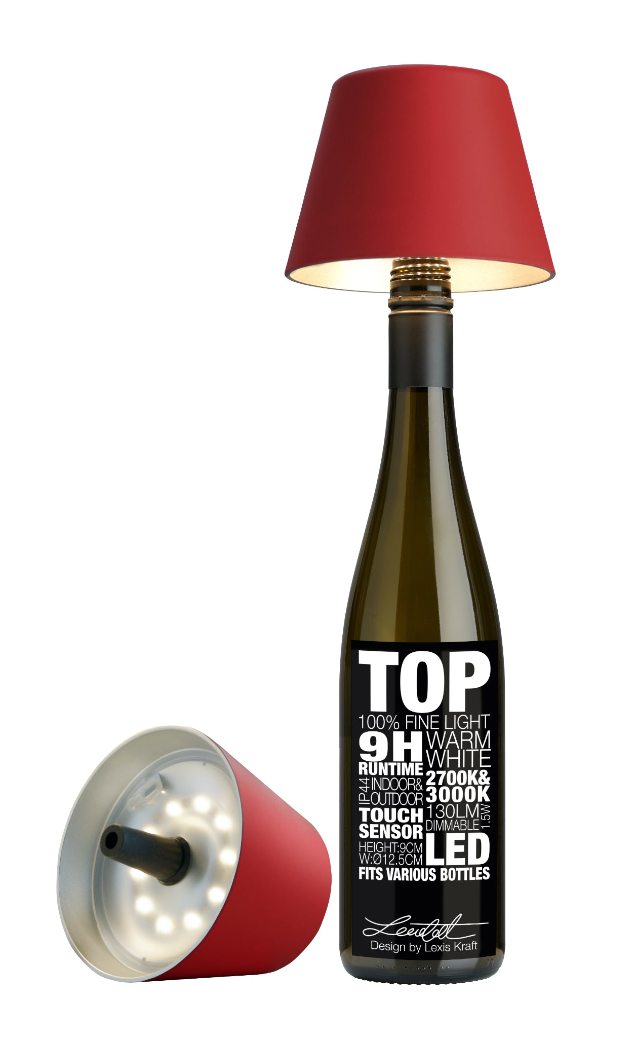 Rote Sompex TOP 2.0 Flaschenleuchte mit Akku für weißes und farbiges Licht