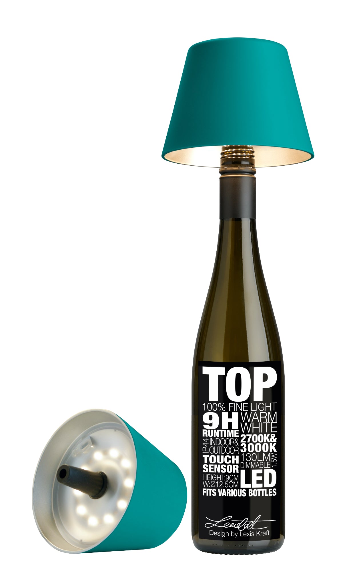 Türkise Sompex TOP 2.0 Flaschenleuchte mit Akku für weißes und farbiges Licht