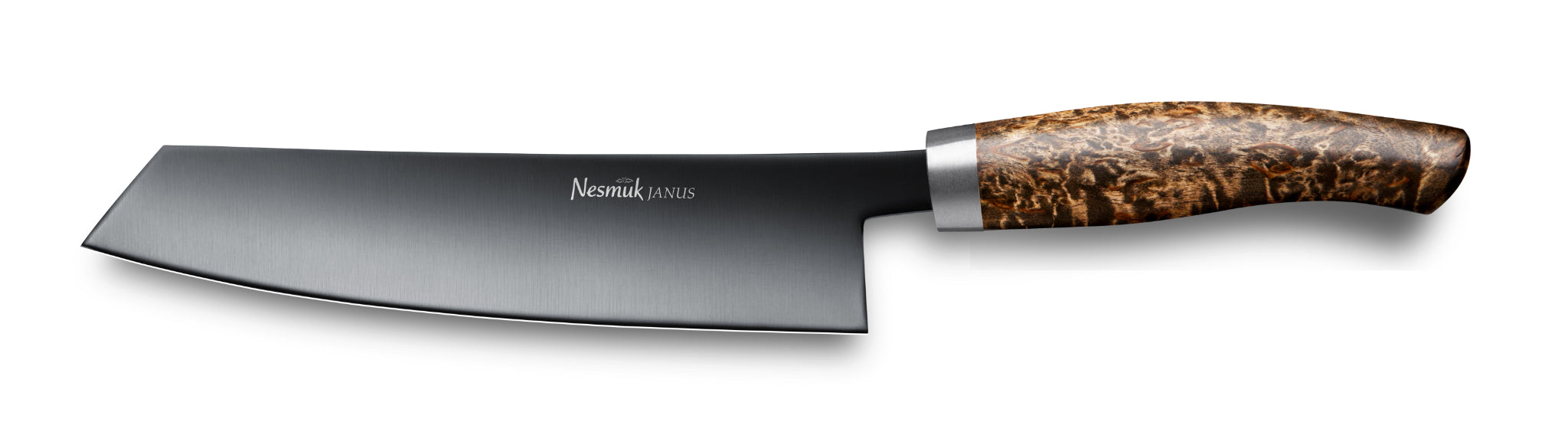 Kochmesser Janus von Nesmuk mit schwarzer Klinge und Griff aus Karelischer Maserbirke