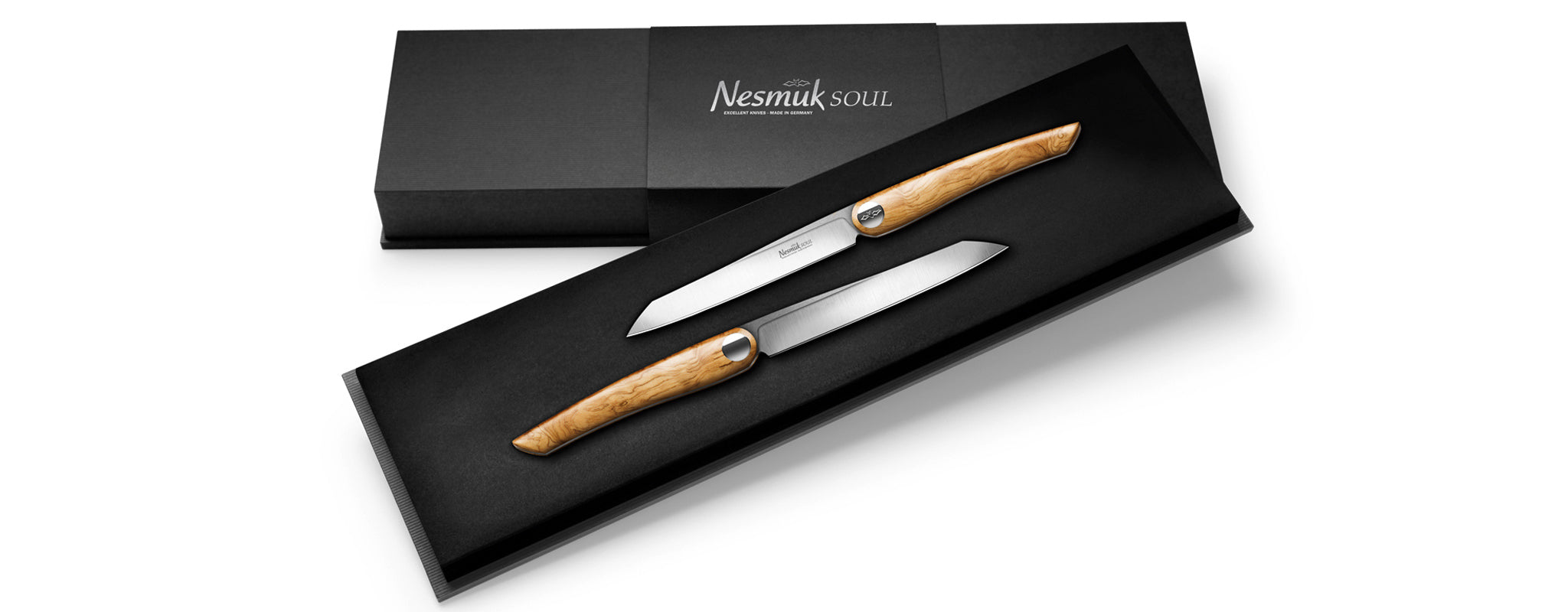 Nesmuk Steakmesser 2-er Set Soul mit Griff in Olive in einer schwarzen Schatulle