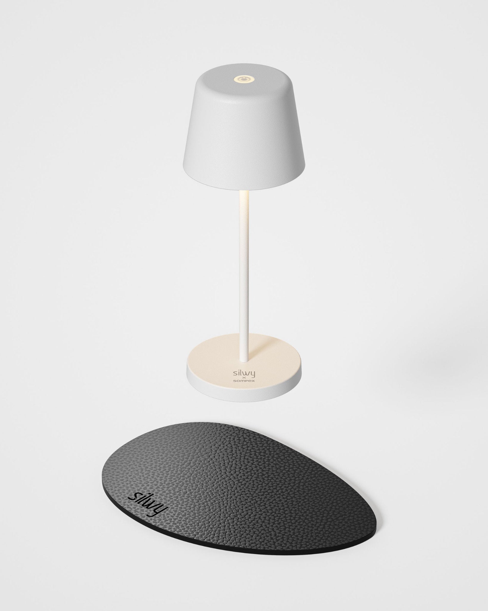 Weiße Akkutischleuchte Monaco von Sliwy & Sompex - magnetisch, dimmbar, mit magnetischem Nano-Gel-Pad