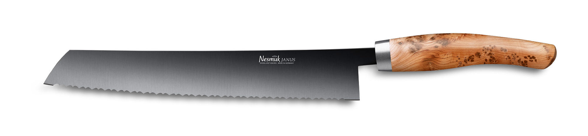 Brotmesser Janus von Nesmuk mit schwarzer Klinge und Griff aus Wacholder