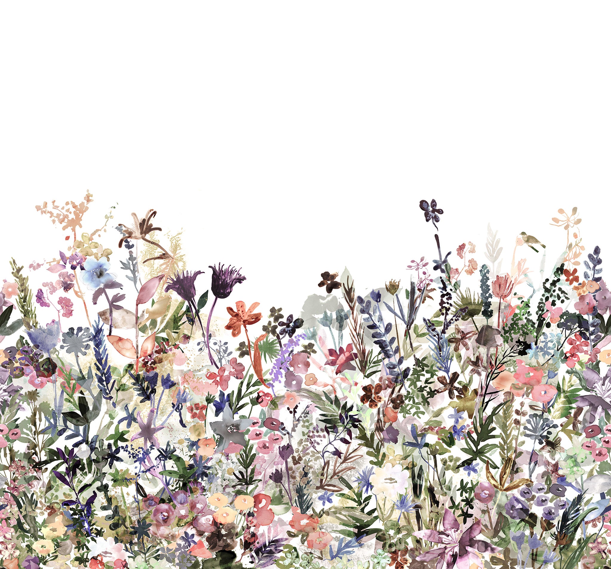 Rebel Walls Tapete May Meadow zeigt eine Blumenwiese in Pastellfarben
