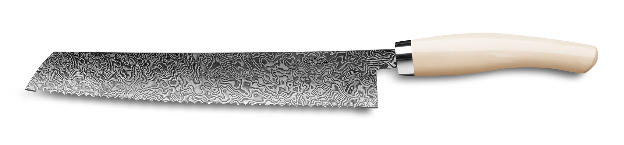 Brotmesser Exklusiv C90 von Nesmuk 180 mm mit Klinge aus handgeschmiedetem wildem Damast und elfenbeinfarbenem Griff aus Juma Ivory