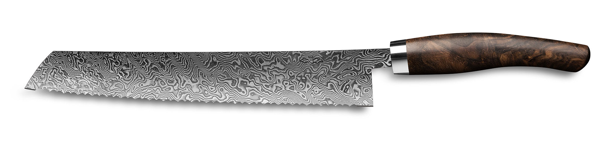Brotmesser Exklusiv C90 von Nesmuk 180 mm mit Klinge aus handgeschmiedetem wildem Damast und elfenbeinfarbenem Griff aus Walnuss