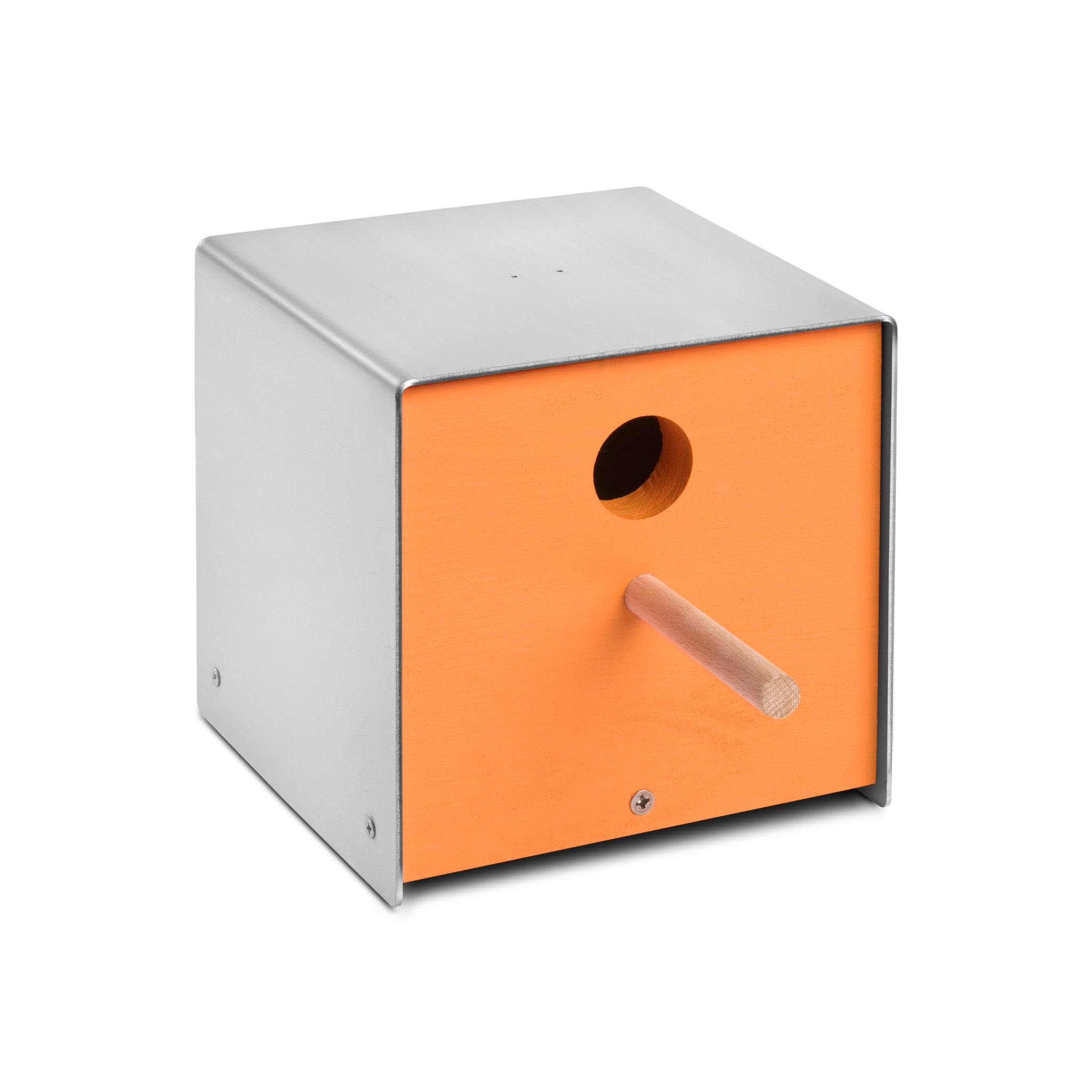 Keilbach Nistkasten Twitter aus Edelstahl mit orangefarbener Holzfront