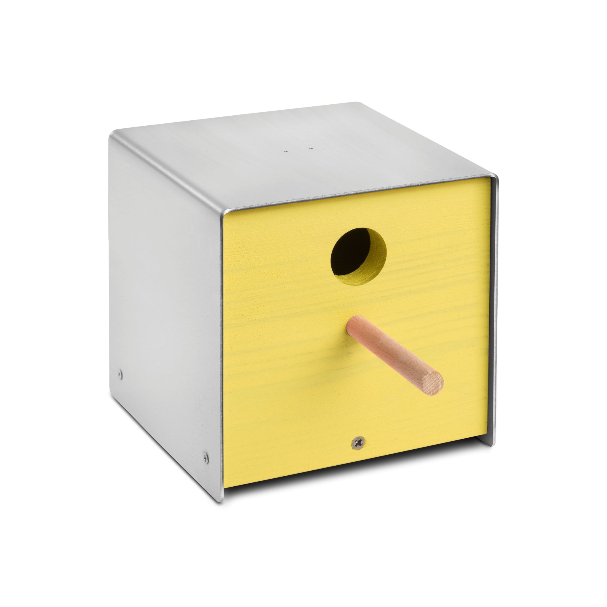 Keilbach Nistkasten Twitter aus Edelstahl mit gelber Holzfront