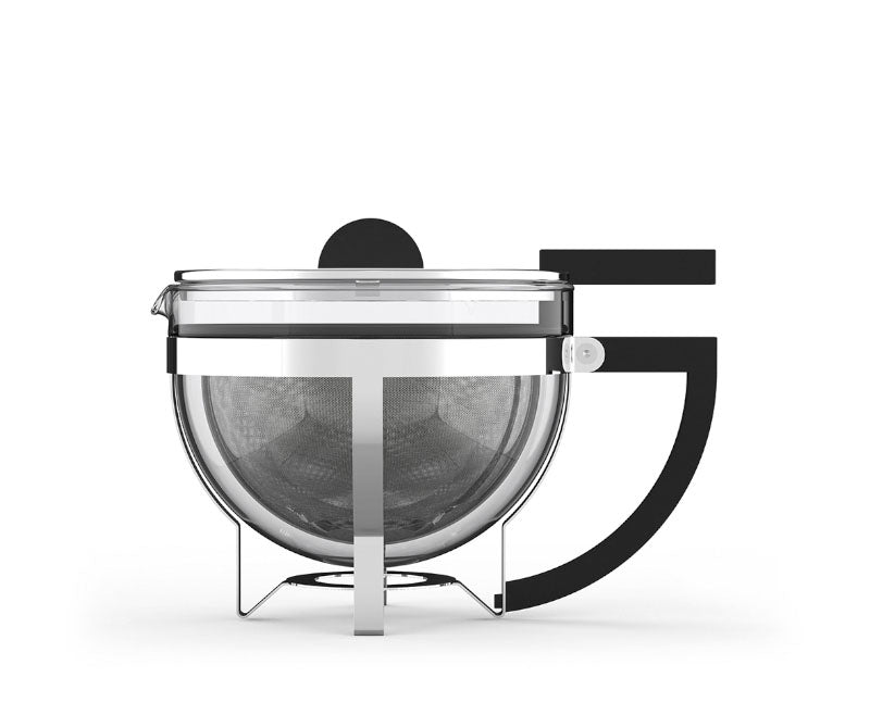 Philippi Teekanne Marianne im Bauhausstil aus Glas, Metall und schwarzem Kunststoff