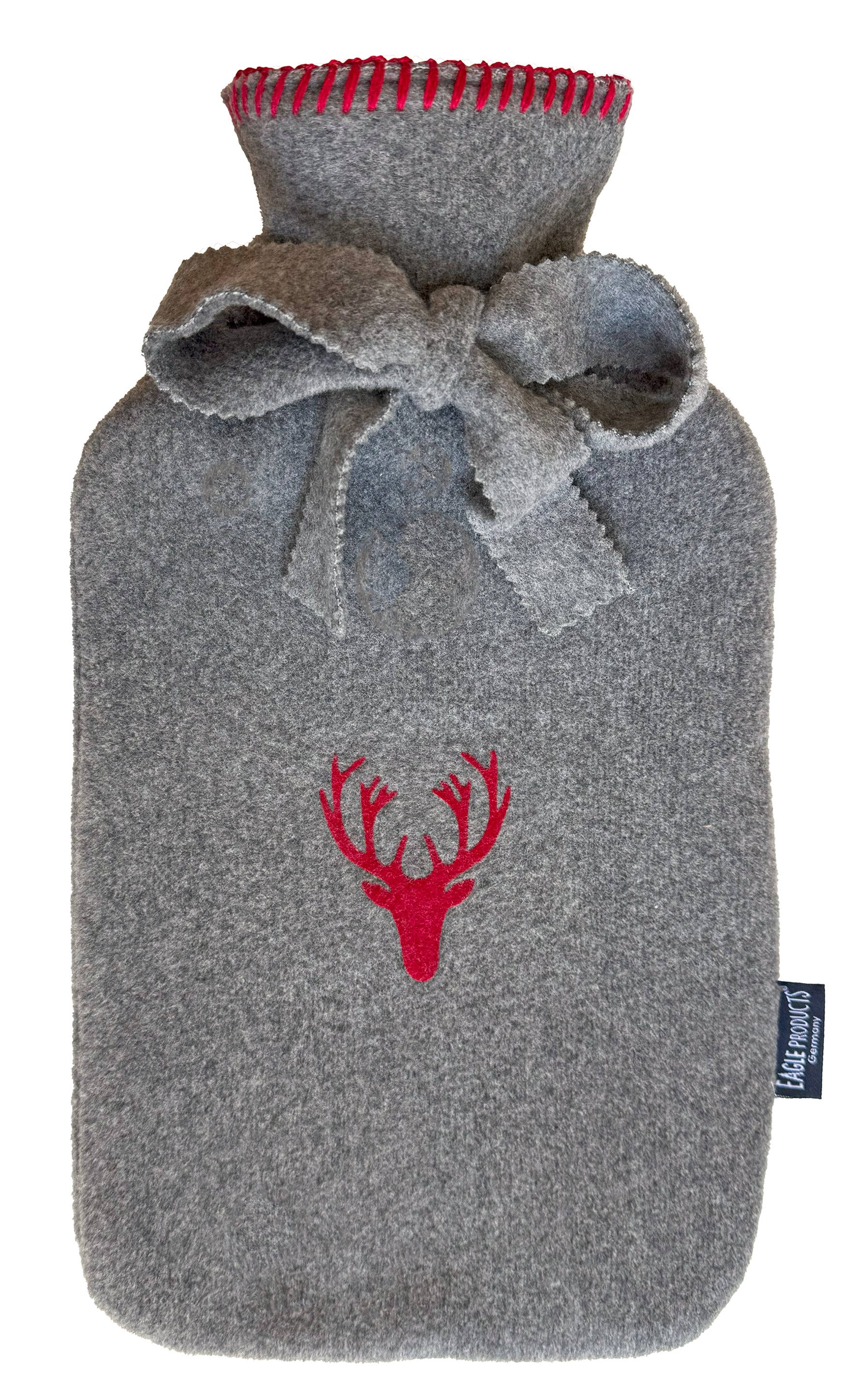 Wärmflasche Olaf von Eagle Products aus kuscheligem Fleece in Flanellgrau mit rotem Hirsch und Schleife