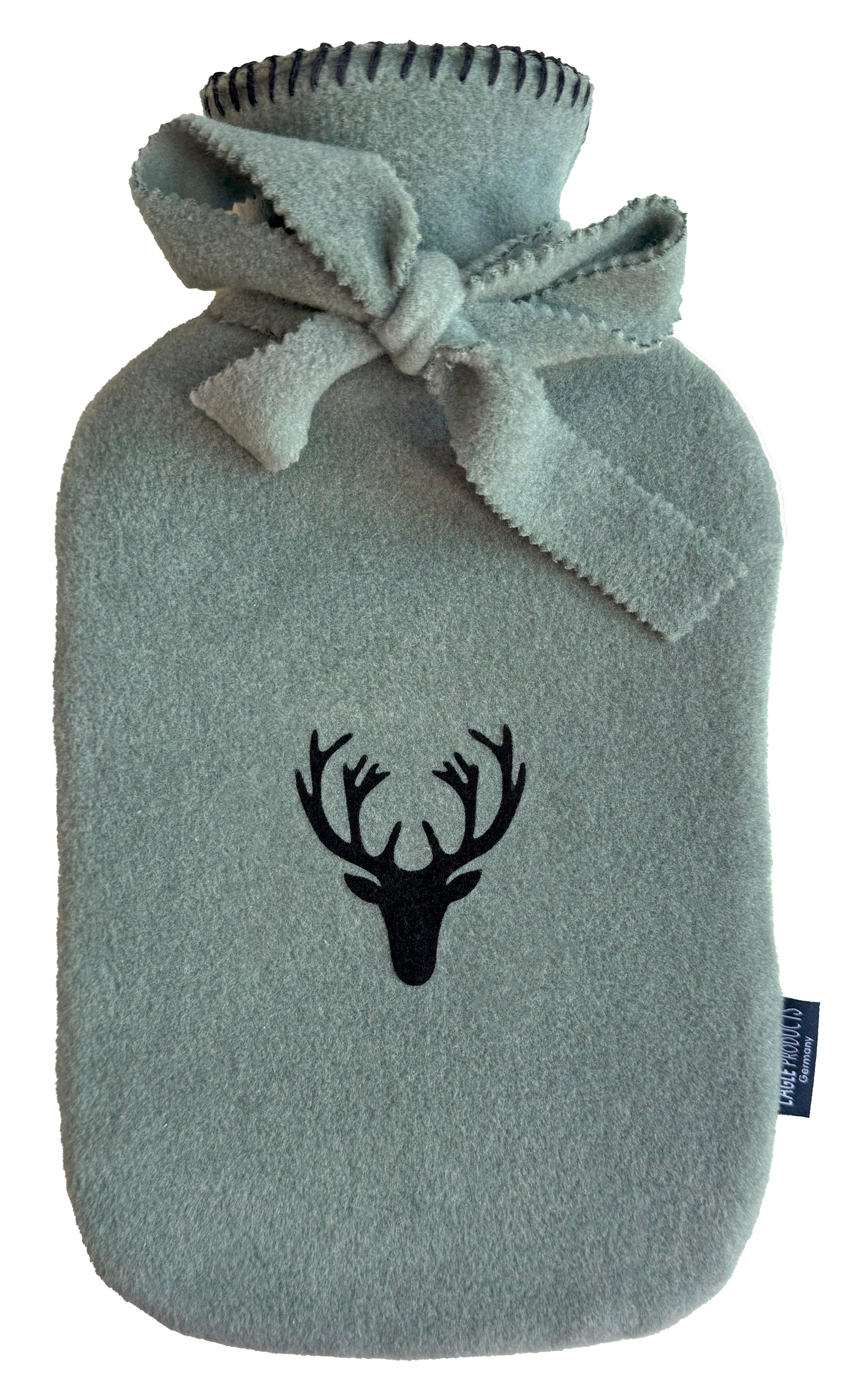 Wärmflasche Olaf von Eagle Products aus kuscheligem Fleece in Salbei mit schwarzem Hirsch und Schleife