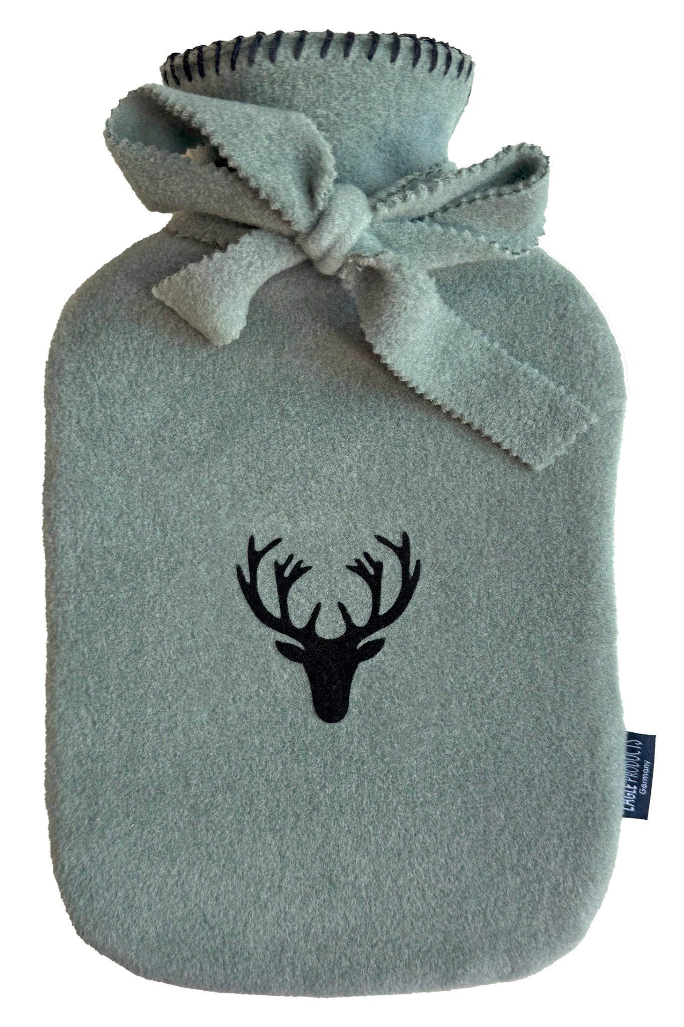 Wärmflasche Olaf von Eagle Products aus kuscheligem Fleece in Moos mit schwarzem Hirsch und Schleife