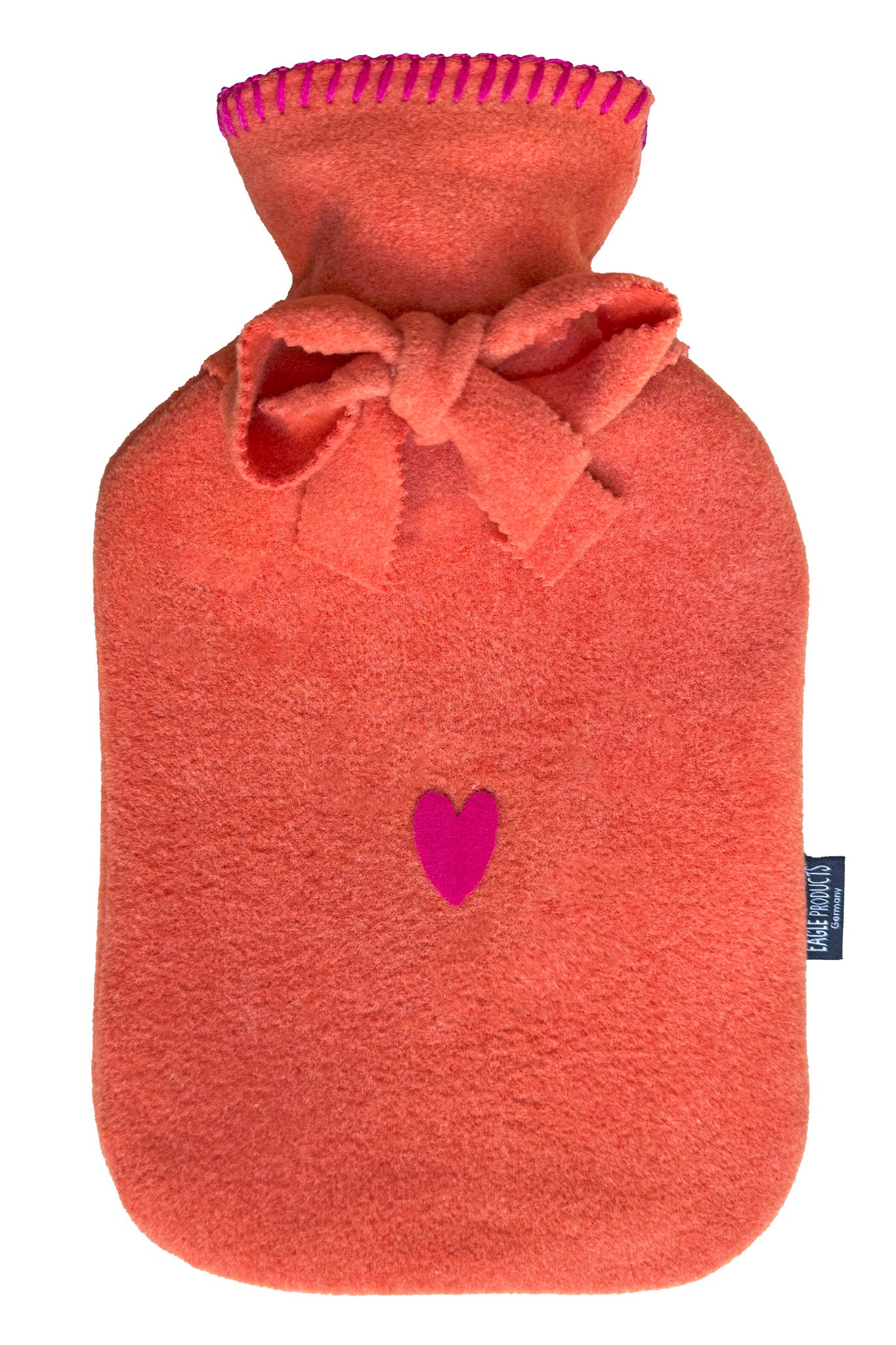 Wärmflasche Olaf von Eagle Products aus kuscheligem Fleece in Orange mit pinkem Herz und Schleife