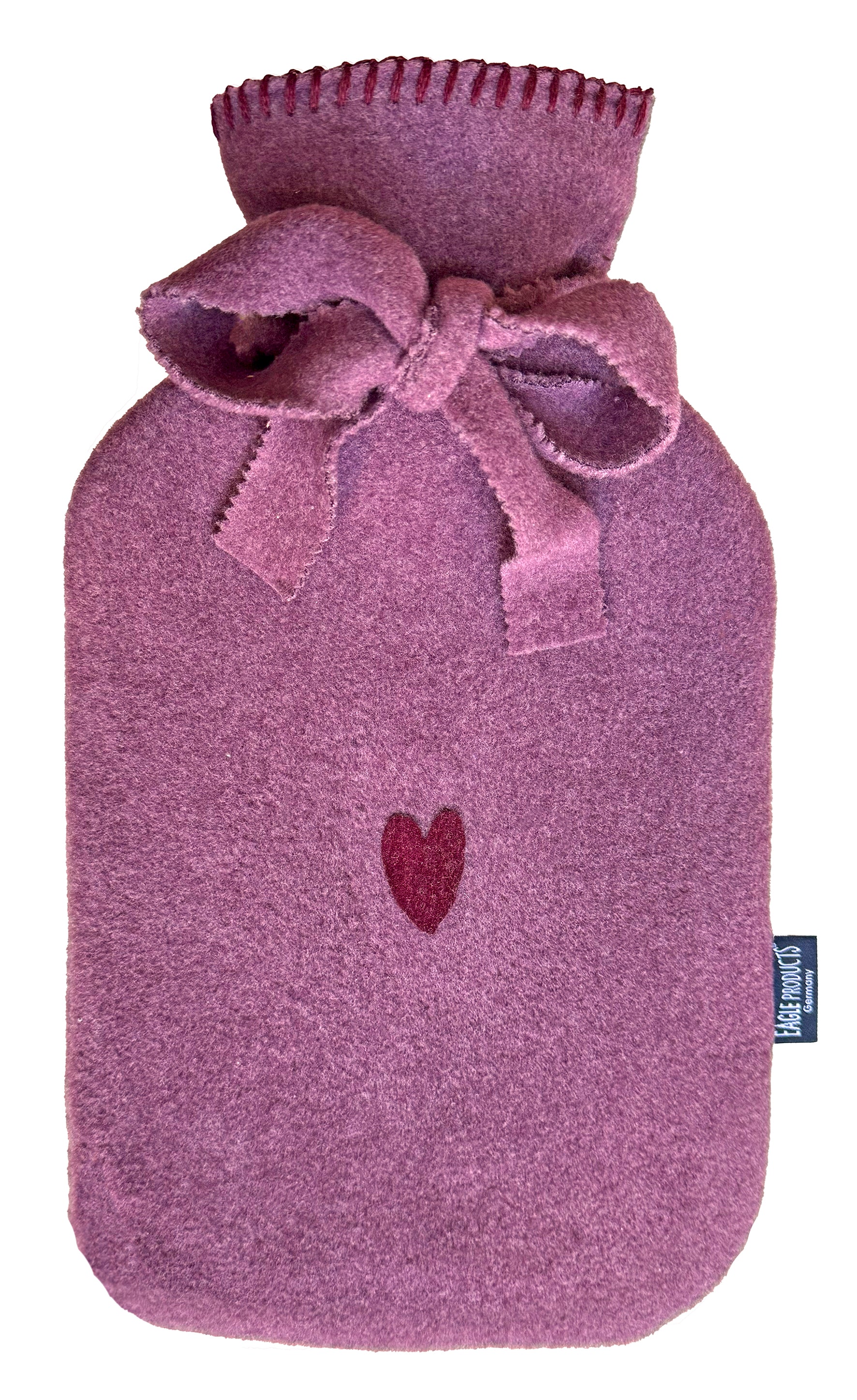 Wärmflasche Olaf von Eagle Products aus kuscheligem Fleece in Blueberry mit  Herz in Bordeaux und Schleife