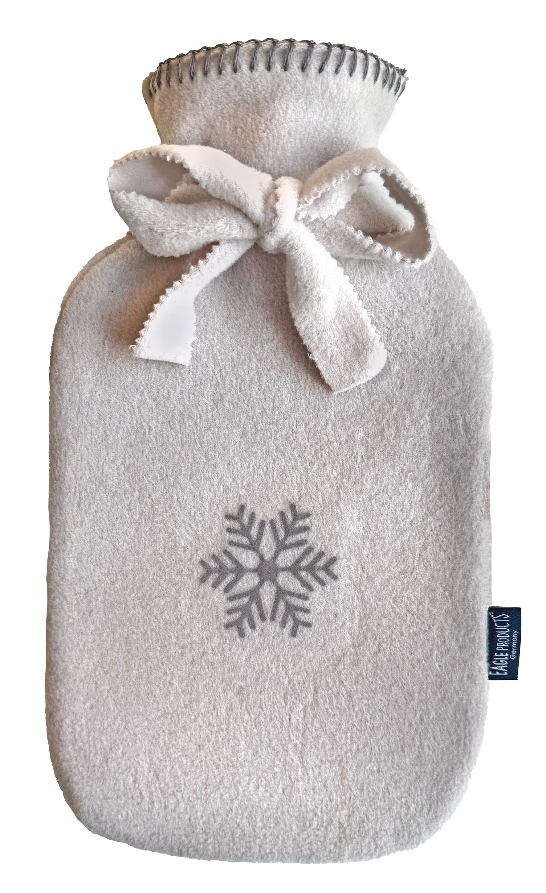Wärmflasche Olaf von Eagle Products aus kuscheligem Fleece in Greige mit  Herz in Grau und Schleife