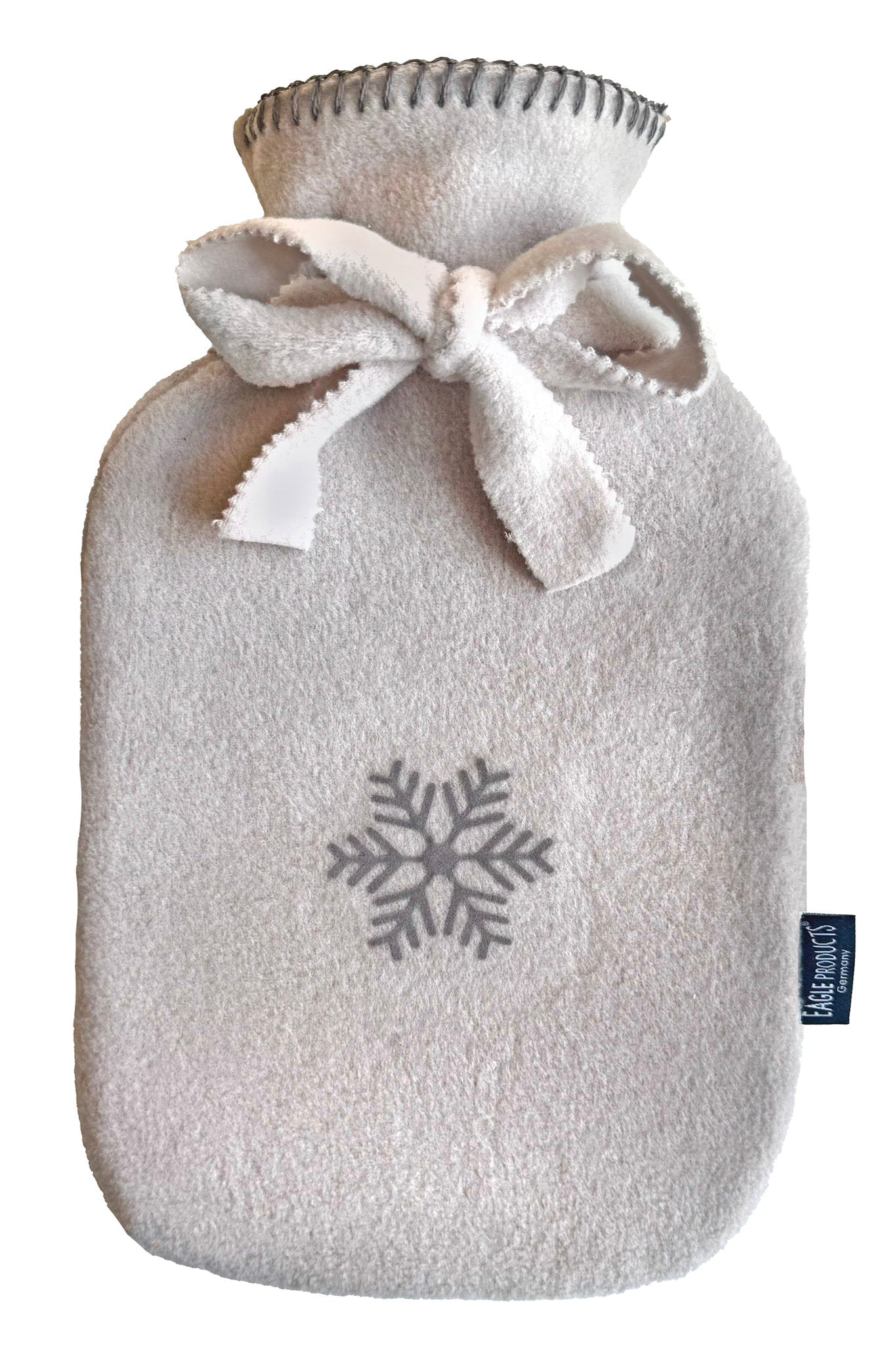 Wärmflasche Olaf von Eagle Products aus kuscheligem Fleece in Greige mit grauer Schneeflocke und Schleife