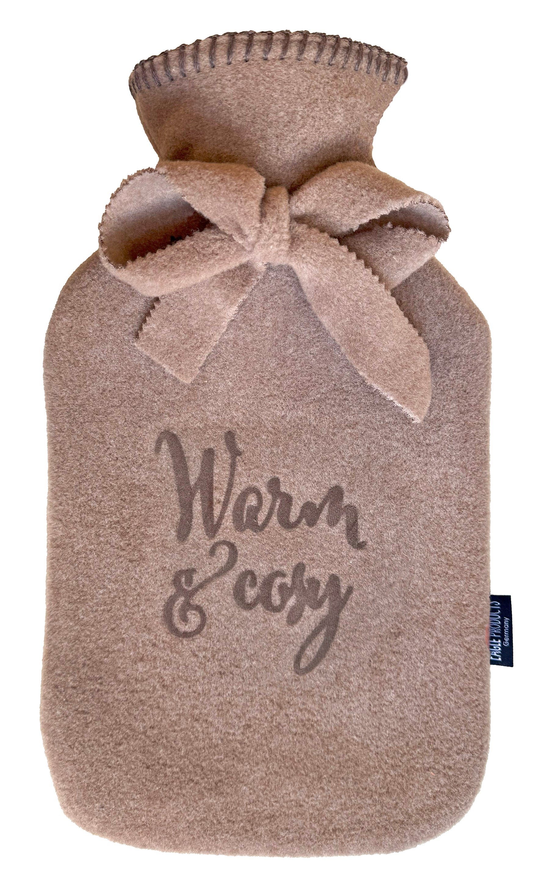 Wärmflasche Olaf von Eagle Products aus kuscheligem Fleece in Nutria mit  Schriftzug in Braun und Schleife