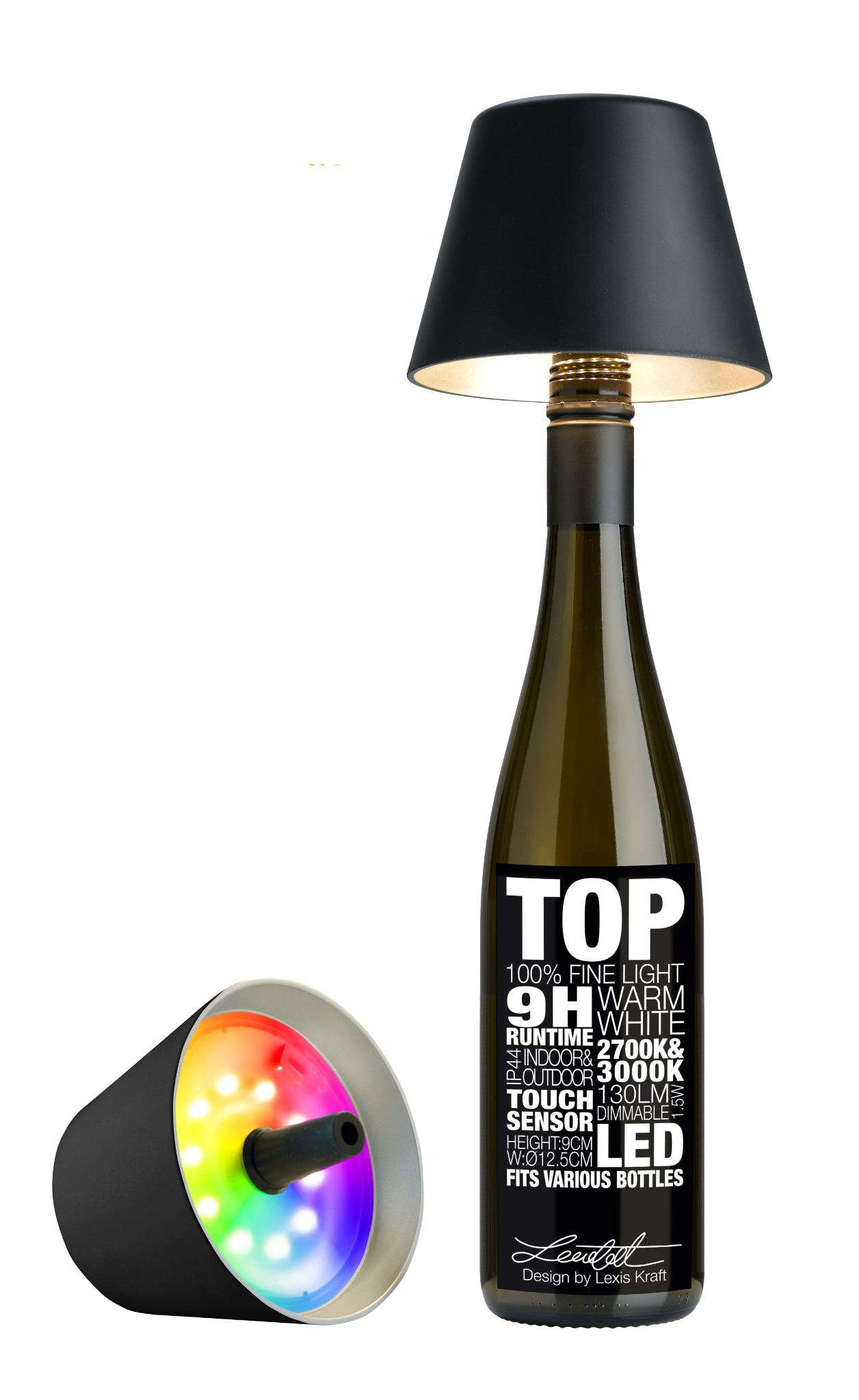 Schwarze Sompex TOP 2.0 Flaschenleuchte mit Akku für weißes und farbiges Licht