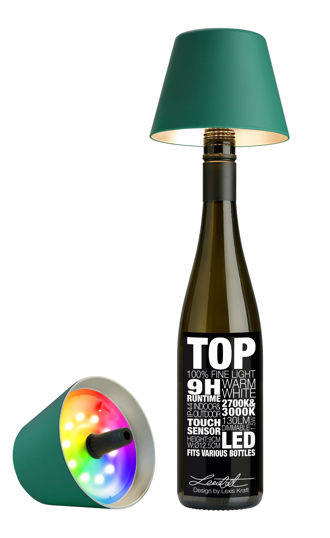 Grüne Sompex TOP 2.0 Flaschenleuchte mit Akku für weißes und farbiges Licht
