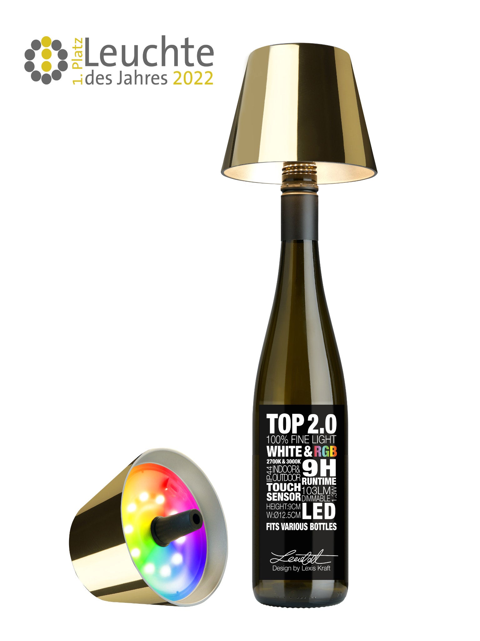 Sompex TOP 2.0 Flaschenleuchte Gold mit Akku für weißes und farbiges Licht