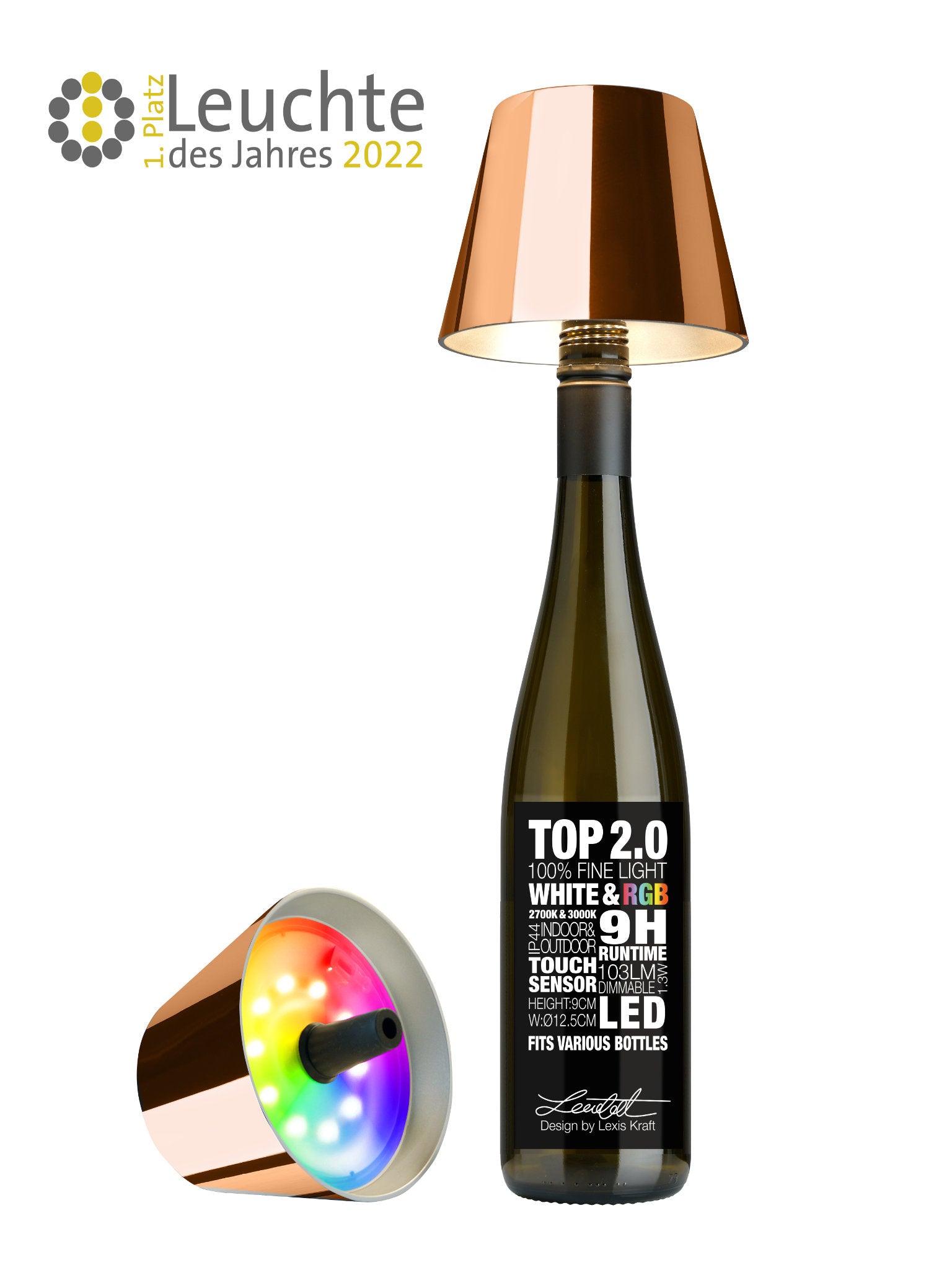 Sompex TOP 2.0 Flaschenleuchte Kupfer mit Akku für weißes und farbiges Licht