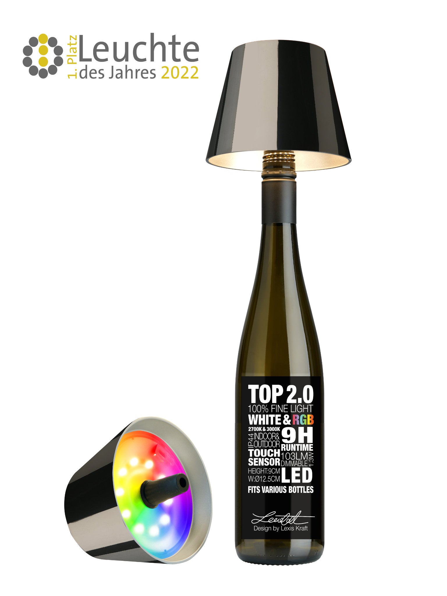 Sompex TOP 2.0 Flaschenleuchte Spacegrau mit Akku für weißes und farbiges Licht