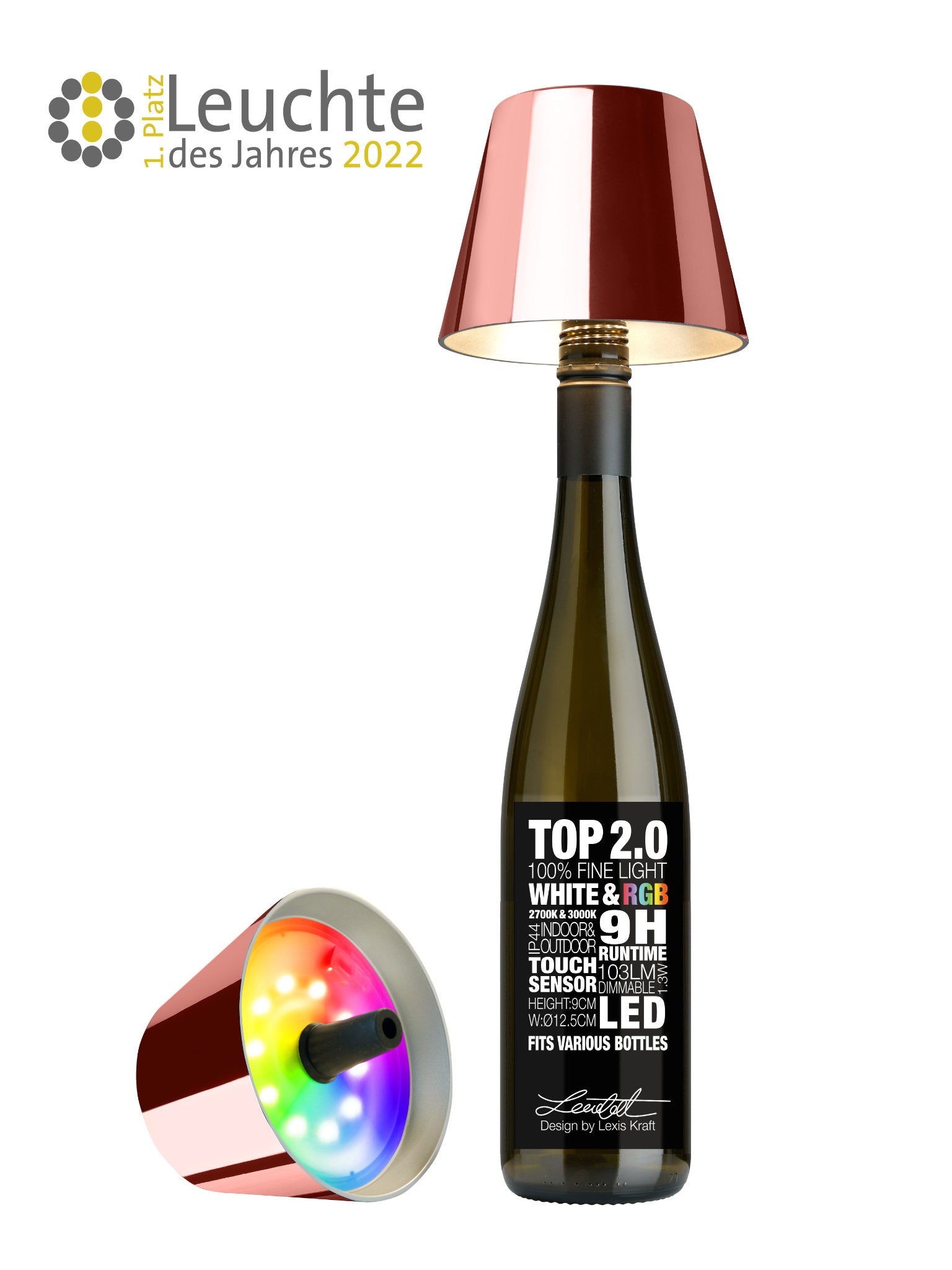 Sompex TOP 2.0 Flaschenleuchte Roségold mit Akku für weißes und farbiges Licht