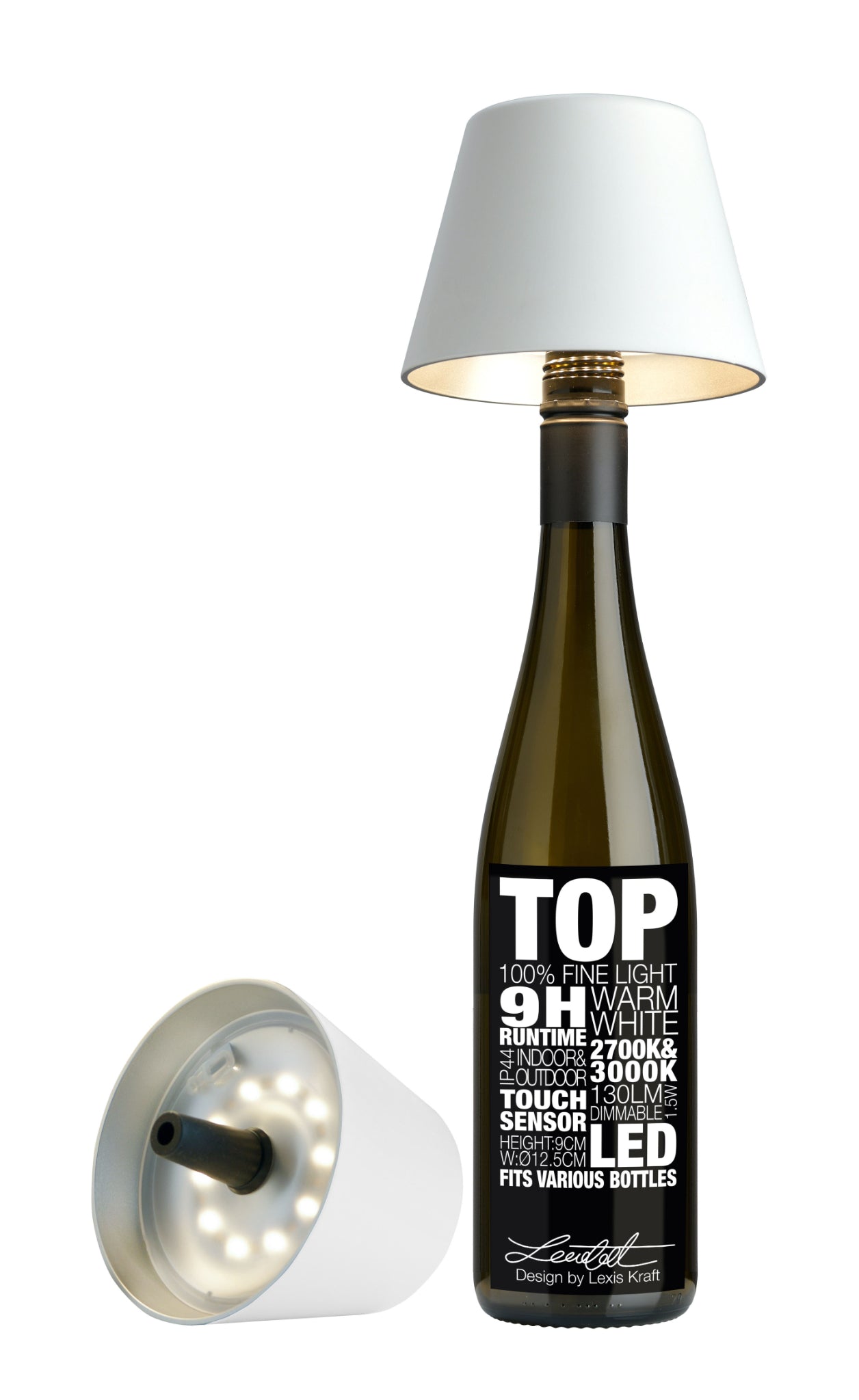 Weiße Sompex TOP 2.0 Flaschenleuchte mit Akku für weißes und farbiges Licht