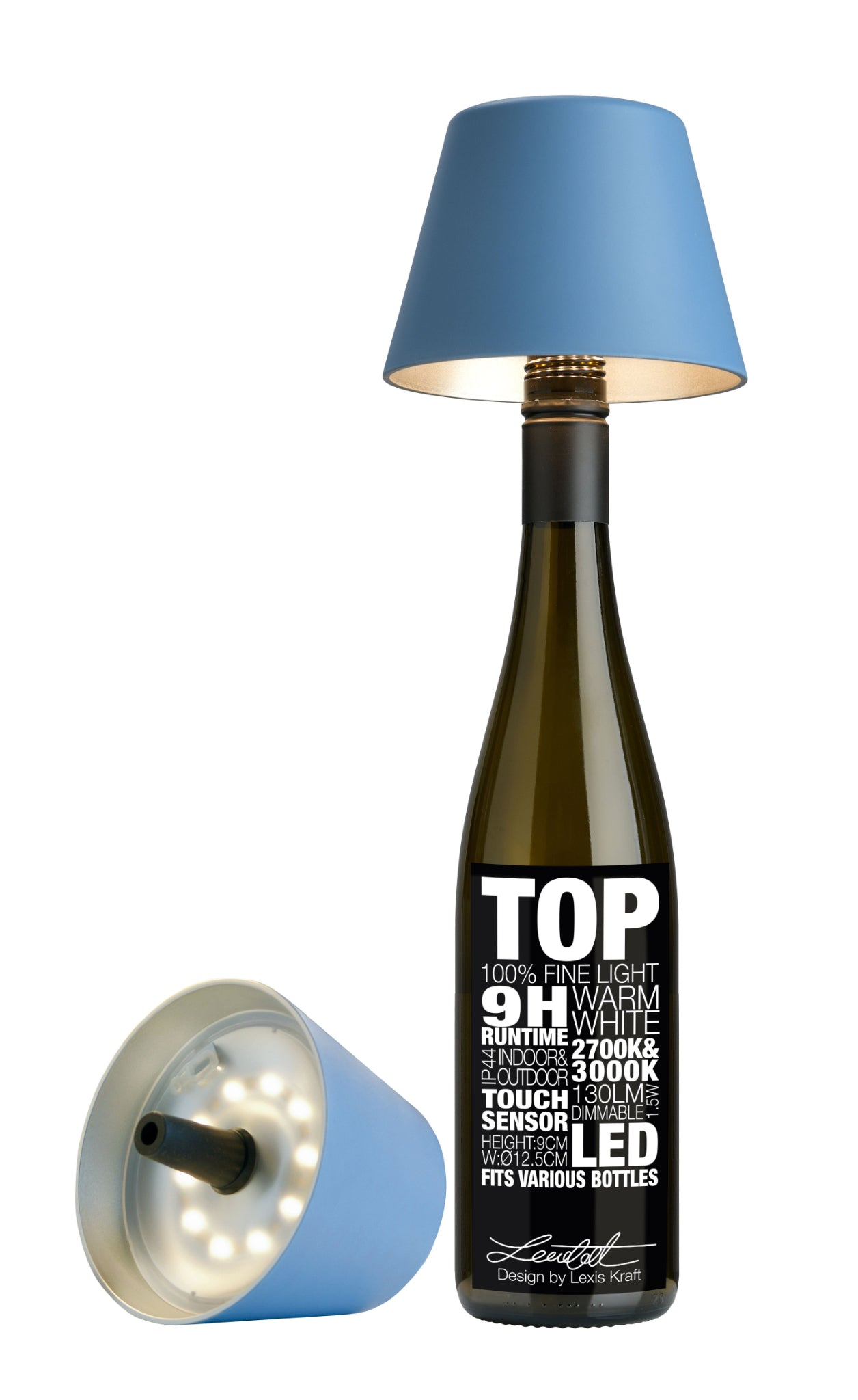 Blaue Sompex TOP 2.0 Flaschenleuchte mit Akku für weißes und farbiges Licht