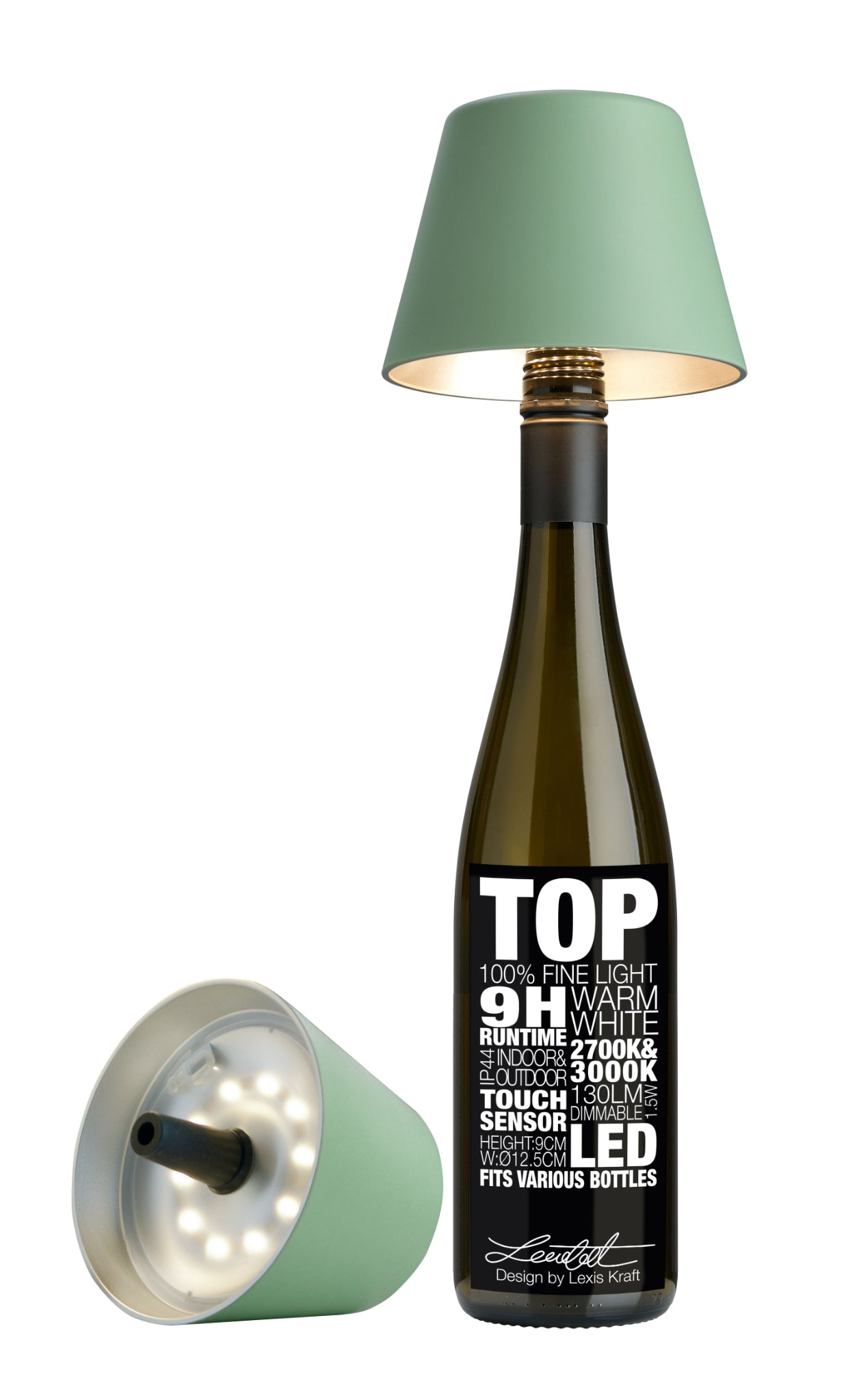 Olivgrüne Sompex TOP 2.0 Flaschenleuchte mit Akku für weißes und farbiges Licht