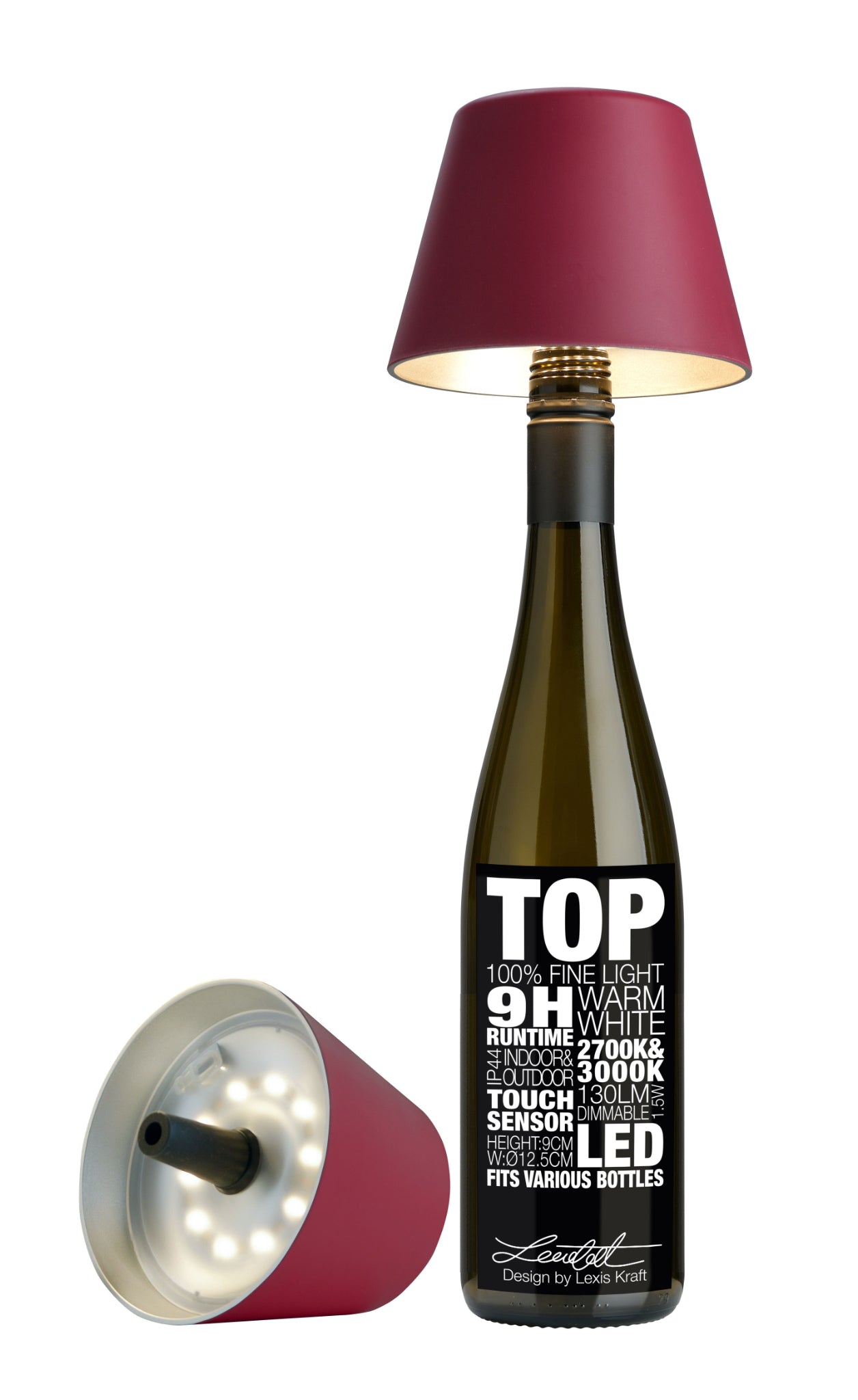 Weinrote Sompex TOP 2.0 Flaschenleuchte mit Akku für weißes und farbiges Licht