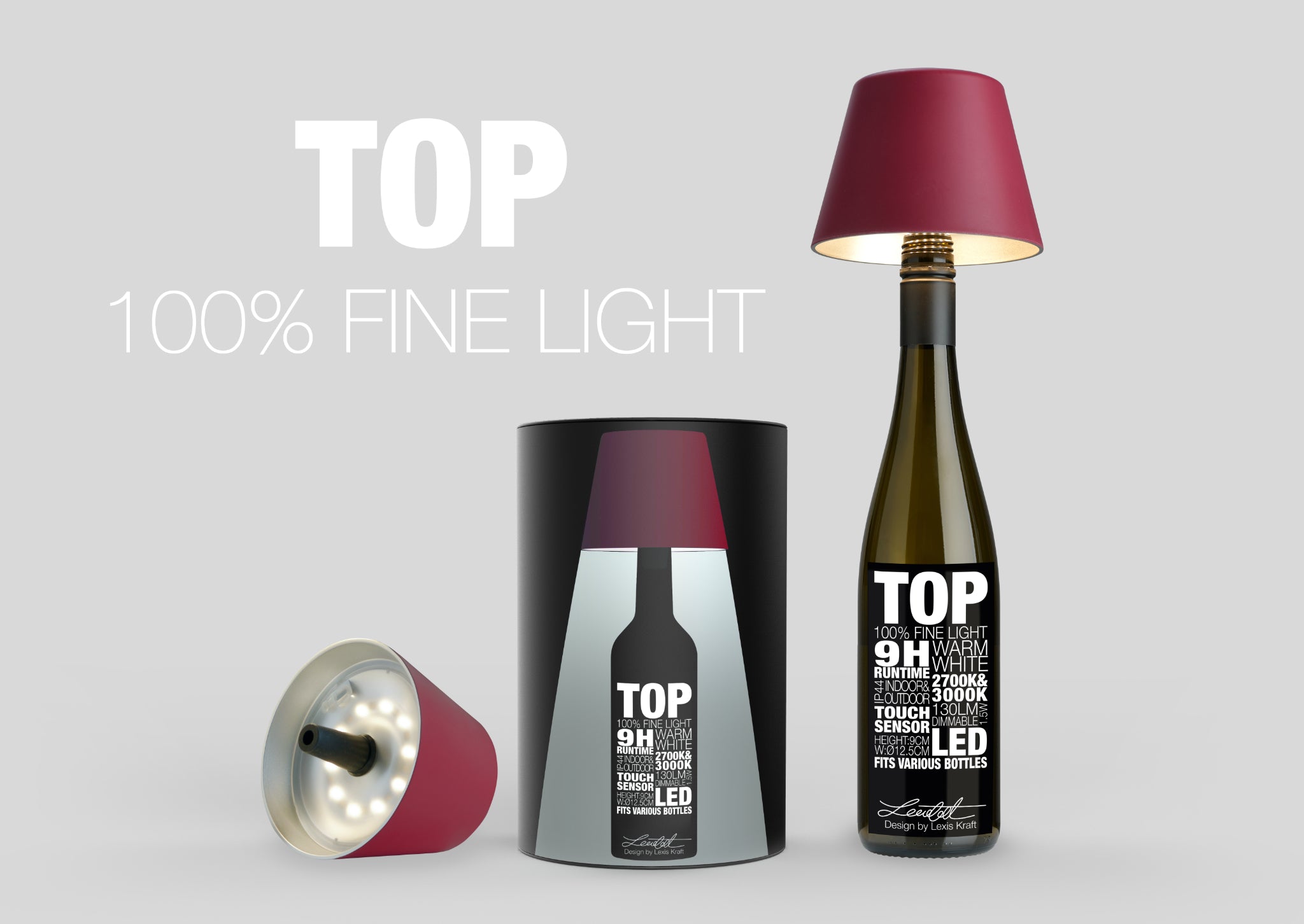 Sompex TOP 2.0 Flaschenleuchte in Weinrot mit Akku für weißes und farbiges Licht inklusive Geschenkverpackung