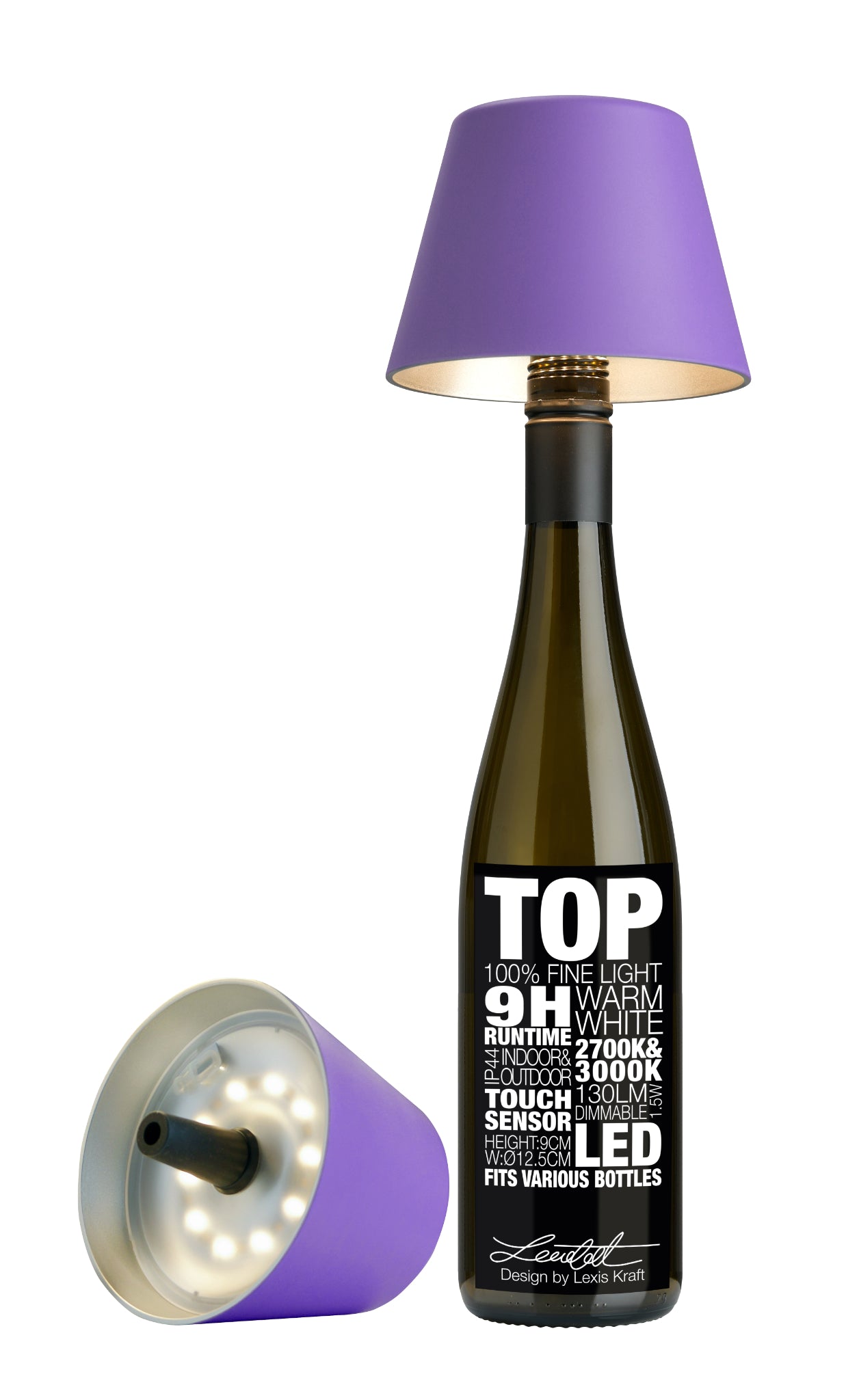 Fliederfarbene Sompex TOP 2.0 Flaschenleuchte mit Akku für weißes und farbiges Licht