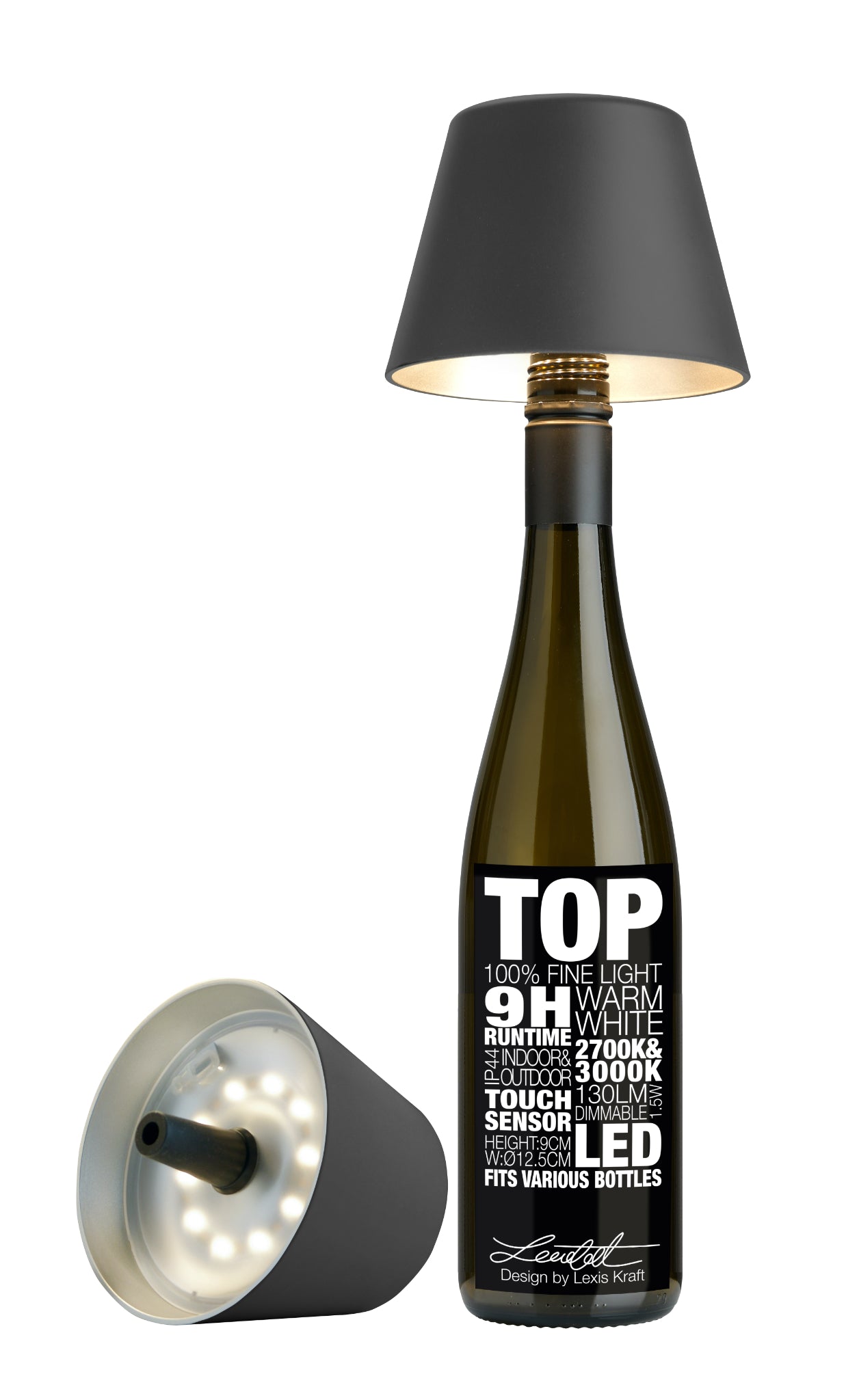 Anthrazitfarbene Sompex TOP 2.0 Flaschenleuchte mit Akku für weißes und farbiges Licht